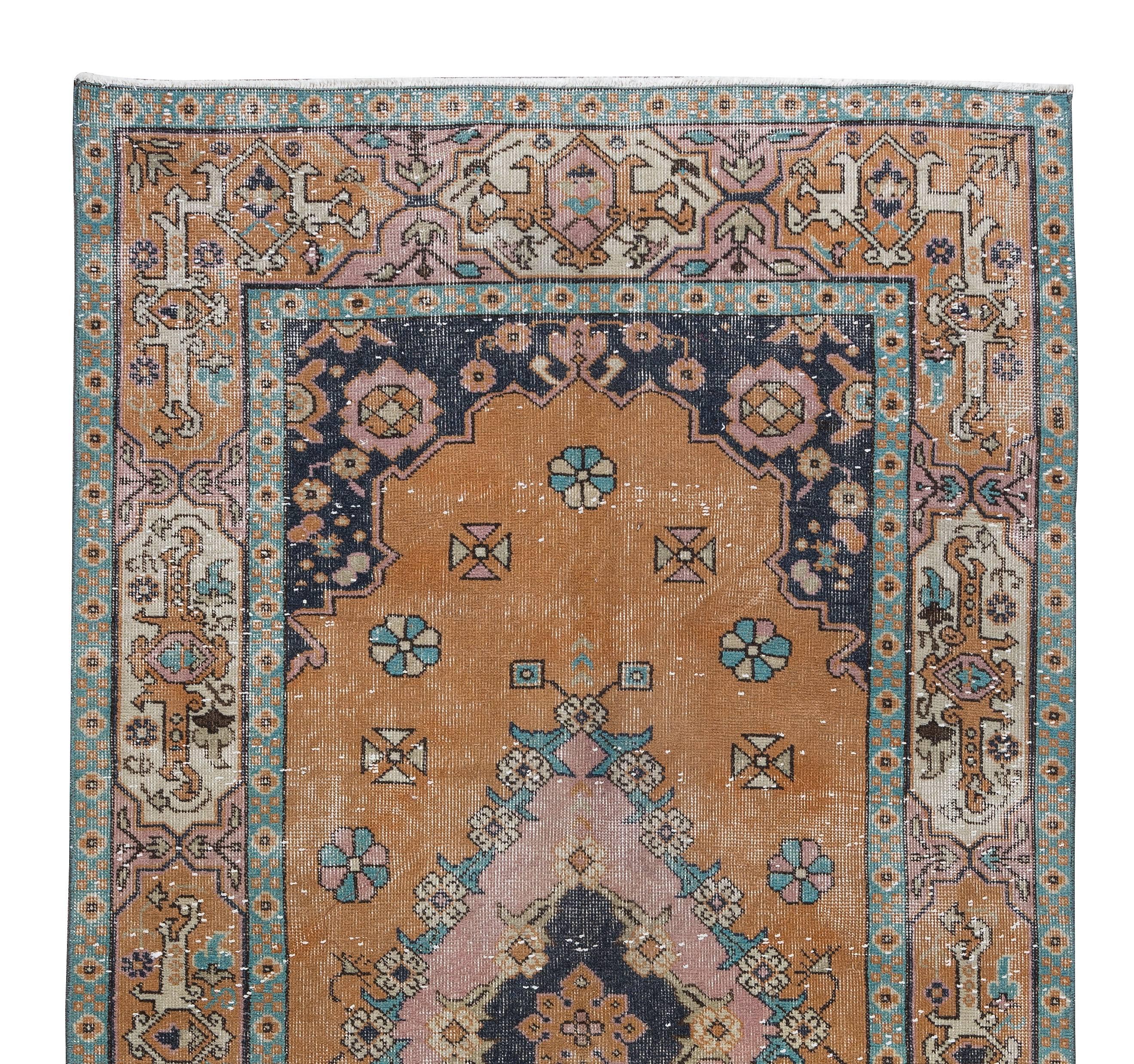 Turkish 4.2x7.9 Ft Vintage Hand Knotted Rug, One-of-a-Kind Central Anatolian Carpet For Sale