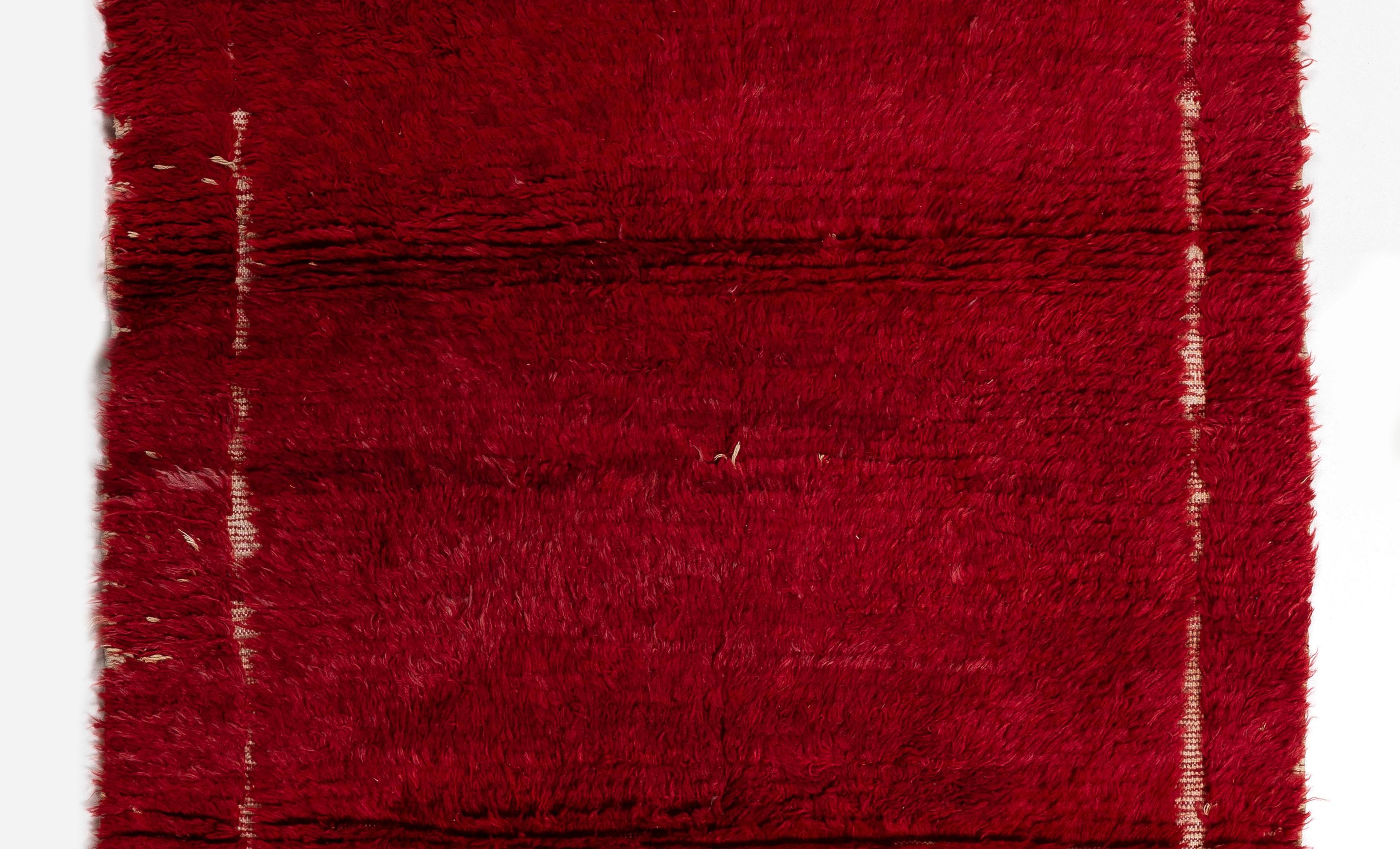 Mid-Century Modern 4x8 Ft Vintage Hand-Kotted Plain Turkish Tulu Wool Rug in Red W/ Ivory Frame For Sale