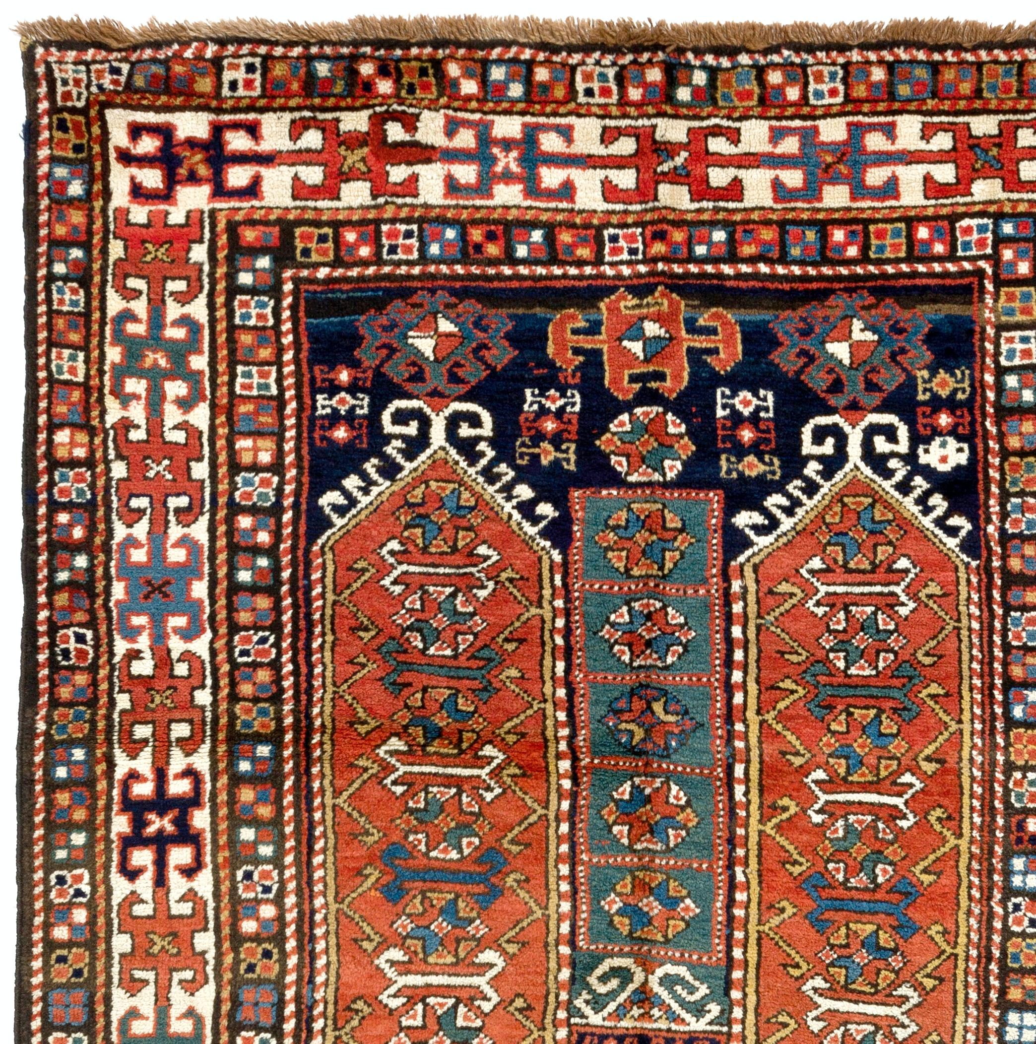 Kazak 4.2x8 Ft Antique Caucasian Rug, circa 1880 For Sale