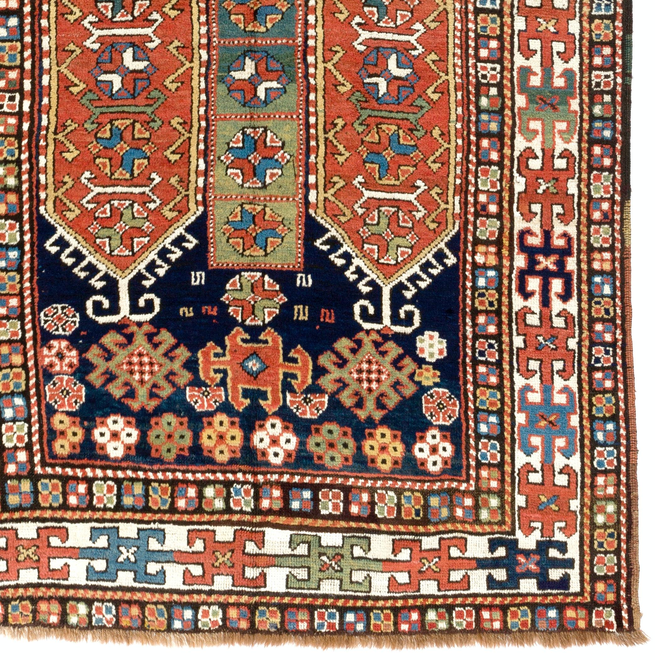 Hand-Knotted 4.2x8 Ft Antique Caucasian Rug, circa 1880 For Sale