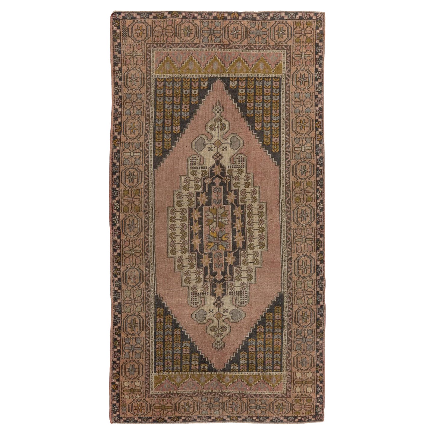 Tappeto turco vintage annodato a mano 4.2x8 ft. 100% lana. Tappeto tradizionale del villaggio