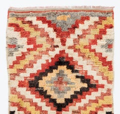 4.2x8 Ft Multicolor Hand-Knotted Vintage Tulu Runner Rug, Checkered Wool Carpet