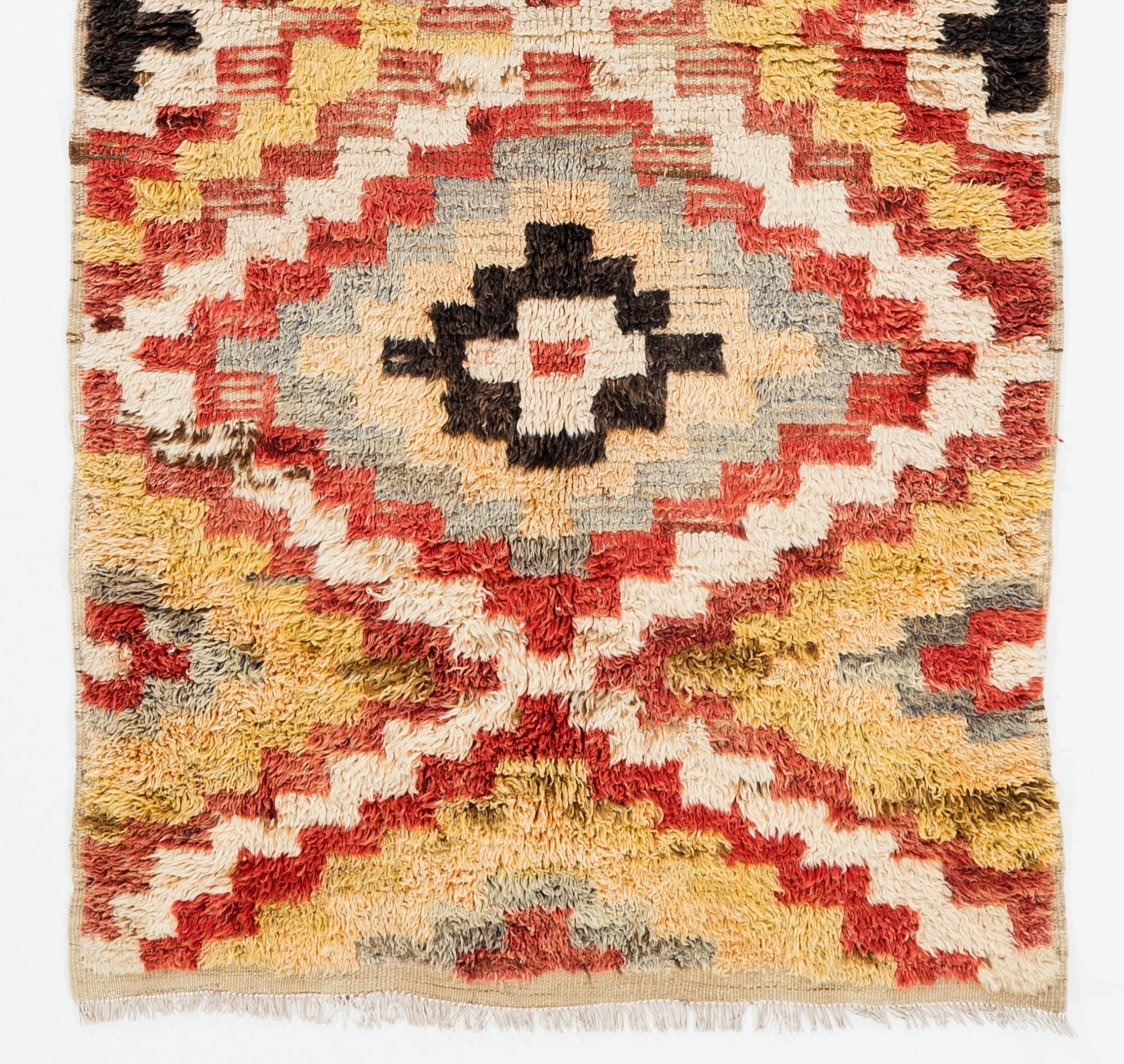 Turkish 4.2x8 Ft Multicolor Hand-Knotted Vintage Tulu Runner Rug, Checkered Wool Carpet For Sale