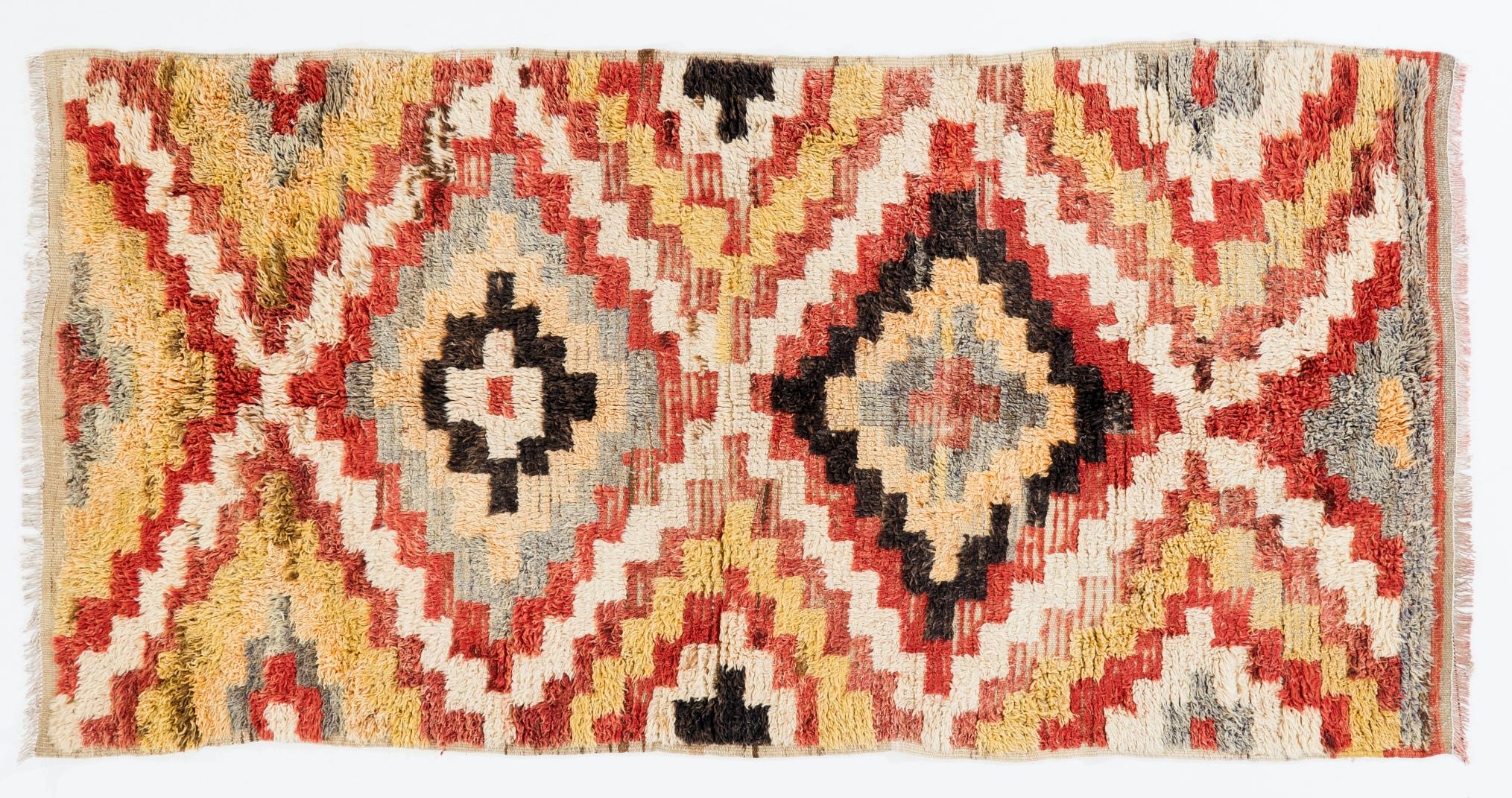 20th Century 4.2x8 Ft Multicolor Hand-Knotted Vintage Tulu Runner Rug, Checkered Wool Carpet For Sale