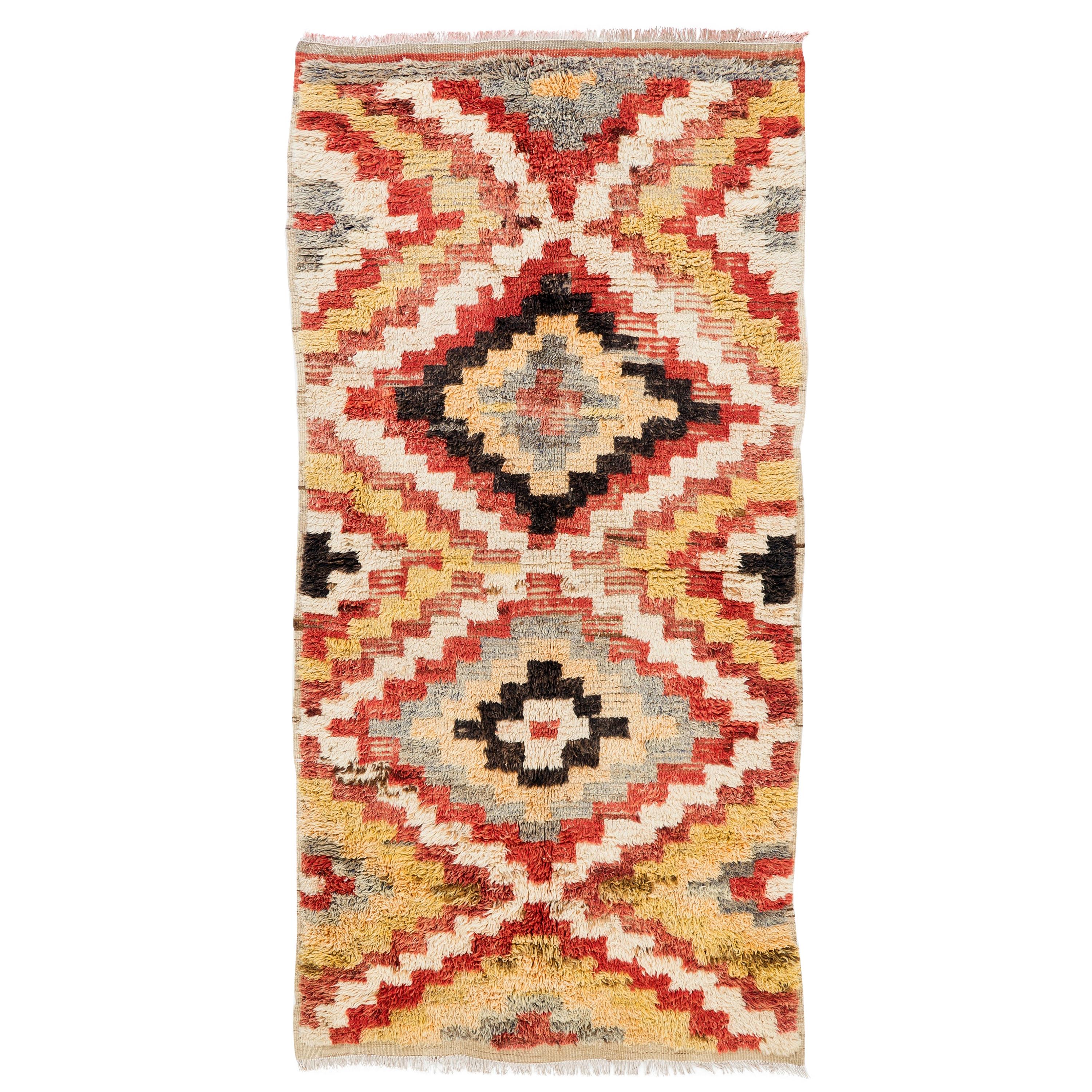 4.2x8 Ft Multicolor Hand-Knotted Vintage Tulu Runner Rug, Checkered Wool Carpet For Sale