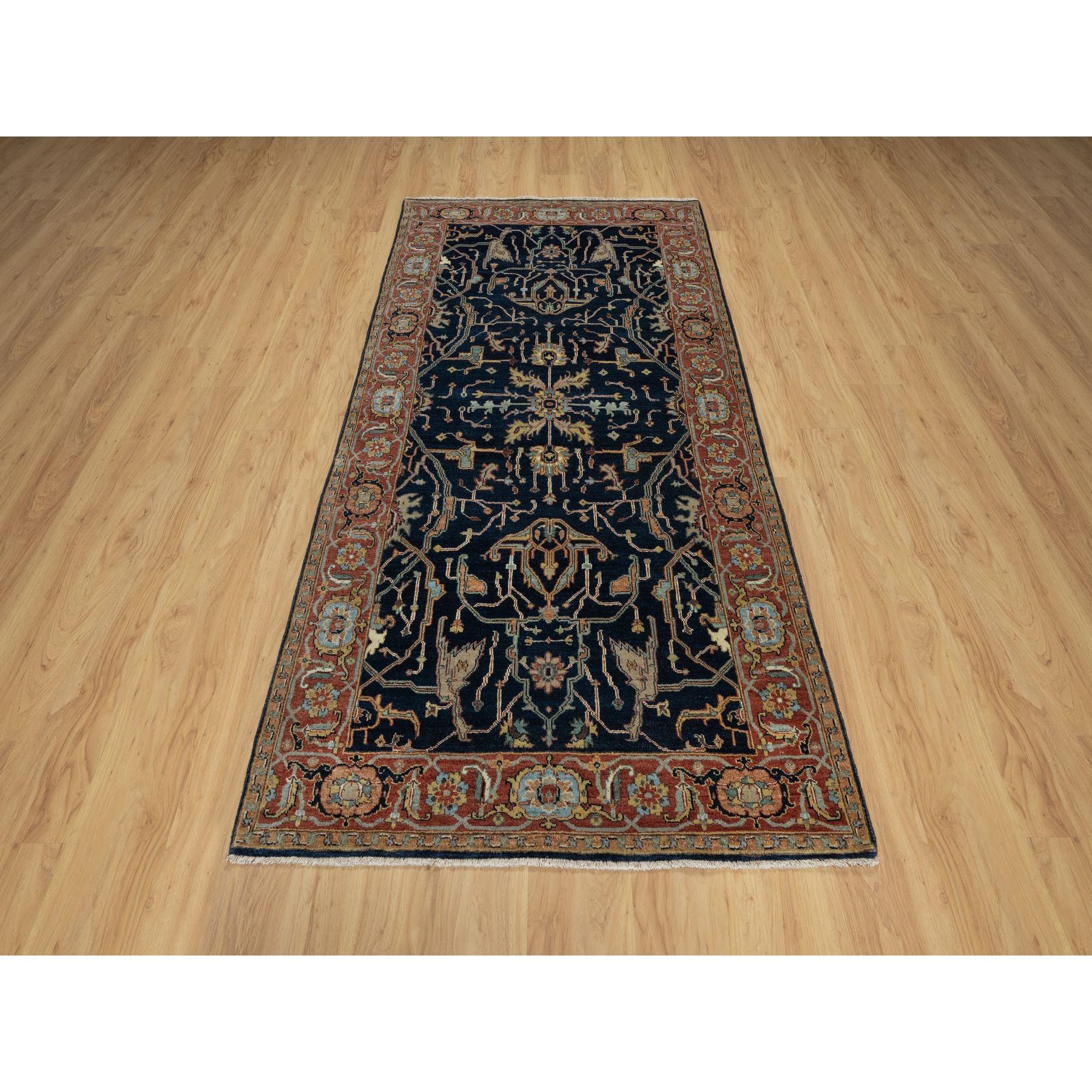 Polo Blue, All Over Vines Design, Lush and Plush, Organic Wool, Densely Woven, Antiqued Fine Heriz, Re-Creation, Hand Knotted, Wide Runner, Oriental Rug
Primary materials: Wool
Latex: No Pile 
height: 0.25 Inches
Style: Traditional
Primary color: