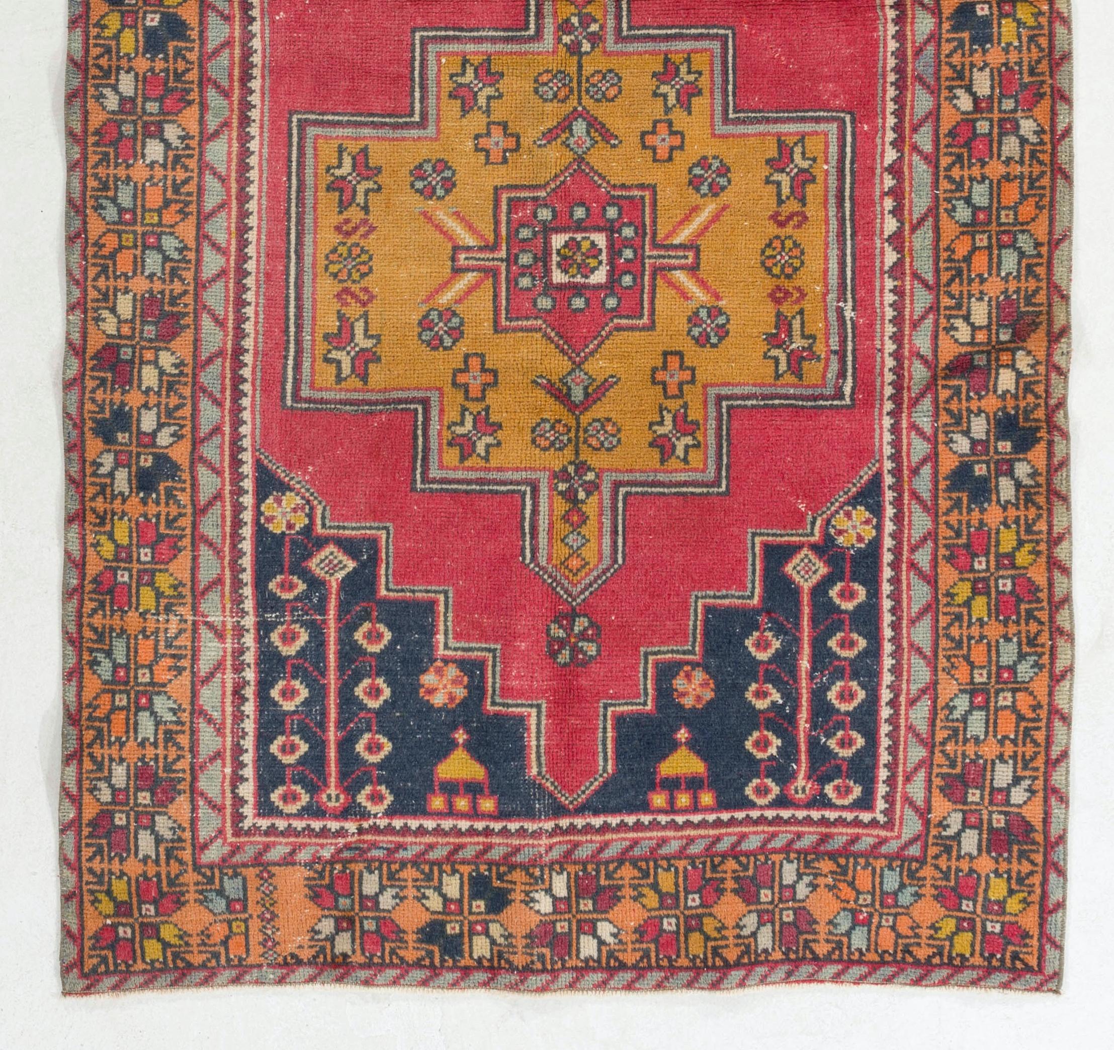 Tribal 4.2x8.2 Ft Vintage Hand Knotted Turkish Wool Rug, Red, Dark Blue & Yellow Colors For Sale