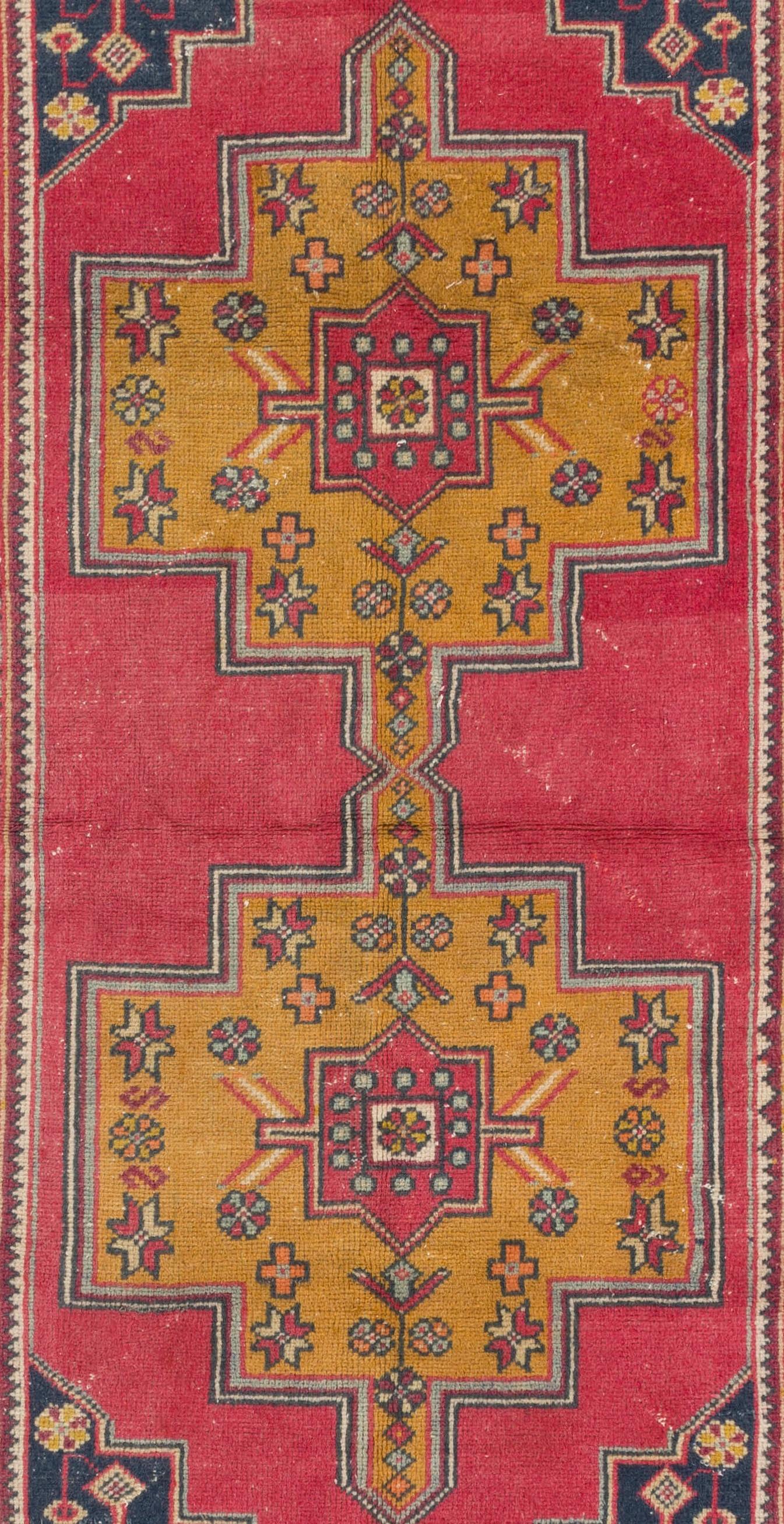 4.2x8.2 Ft Vintage handgeknüpft türkische Wolle Teppich, rot, dunkelblau & gelb Farben (Türkisch) im Angebot