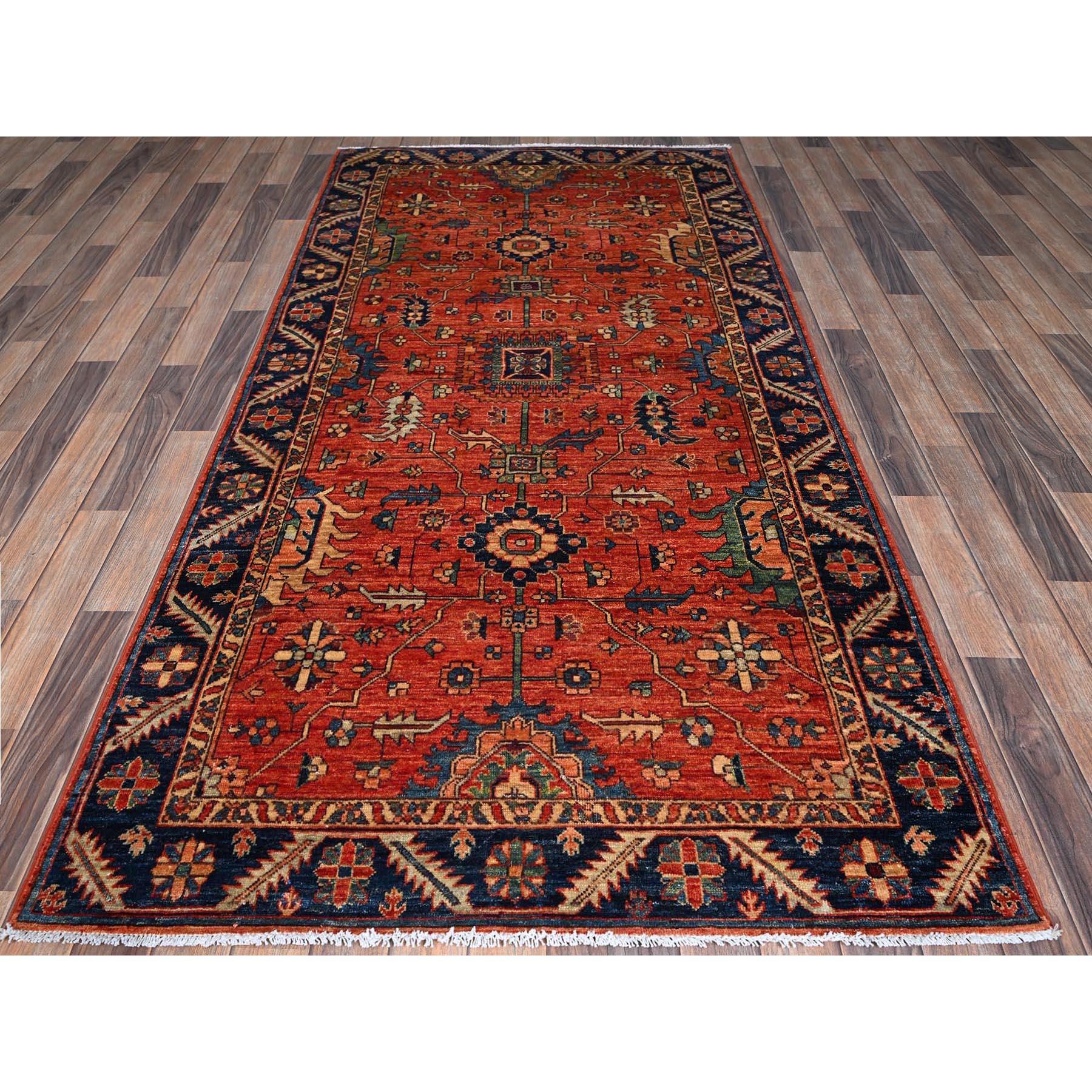 Summer Fig Red, Heriz All Over Design, Aryana Collection, Vegetable Dyes, High Mountain Wool, Hand Knotted, Soft Pile, Densely Woven, Wide Runner, Oriental Rug
Primary materials: Wool
Latex: No Pile 
height: 0.25 Inches
Style: Traditional
Primary