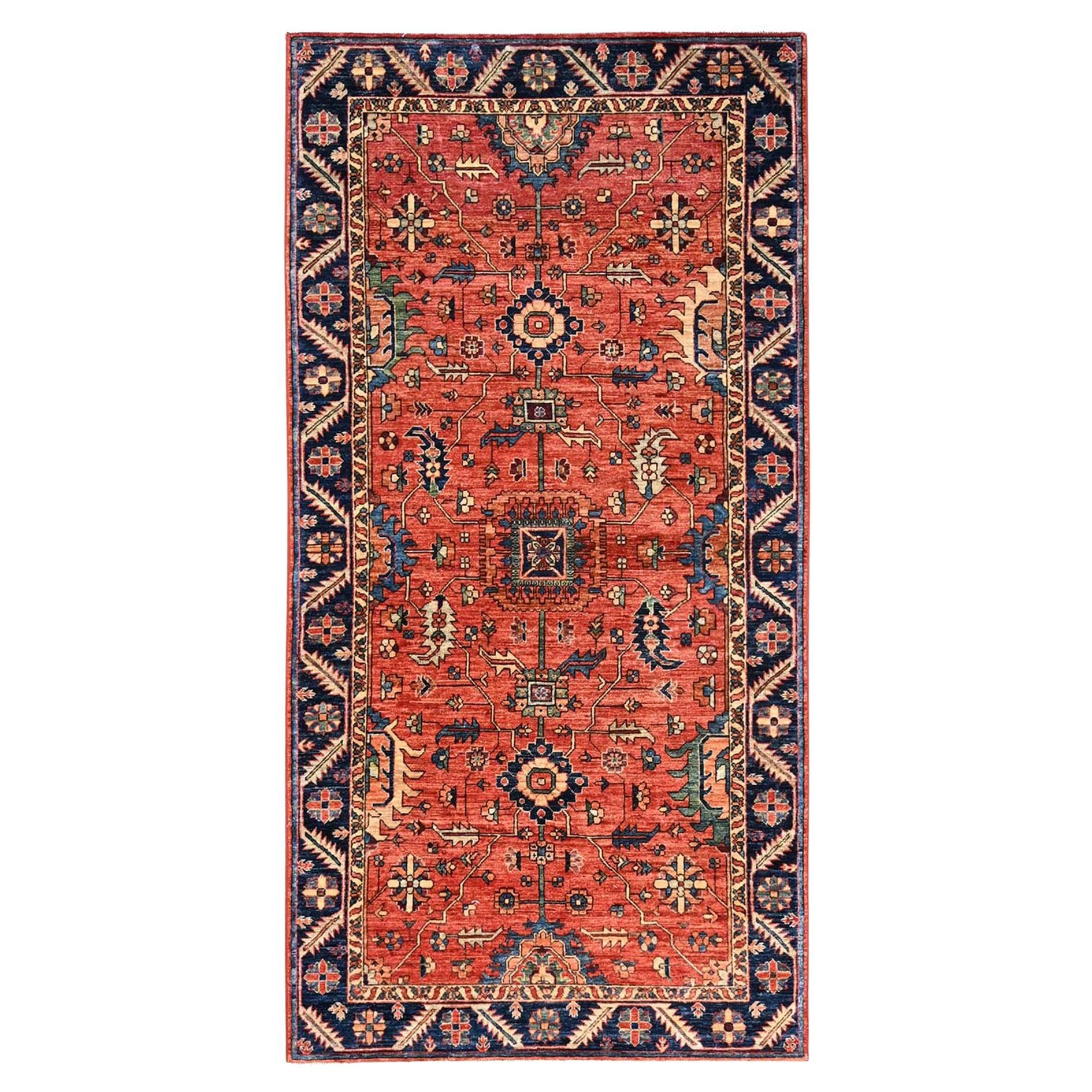 4'2"x8'4" Summer Fig Red Heriz All Over Design Hand Knotted Soft Wool Runner Rug For Sale