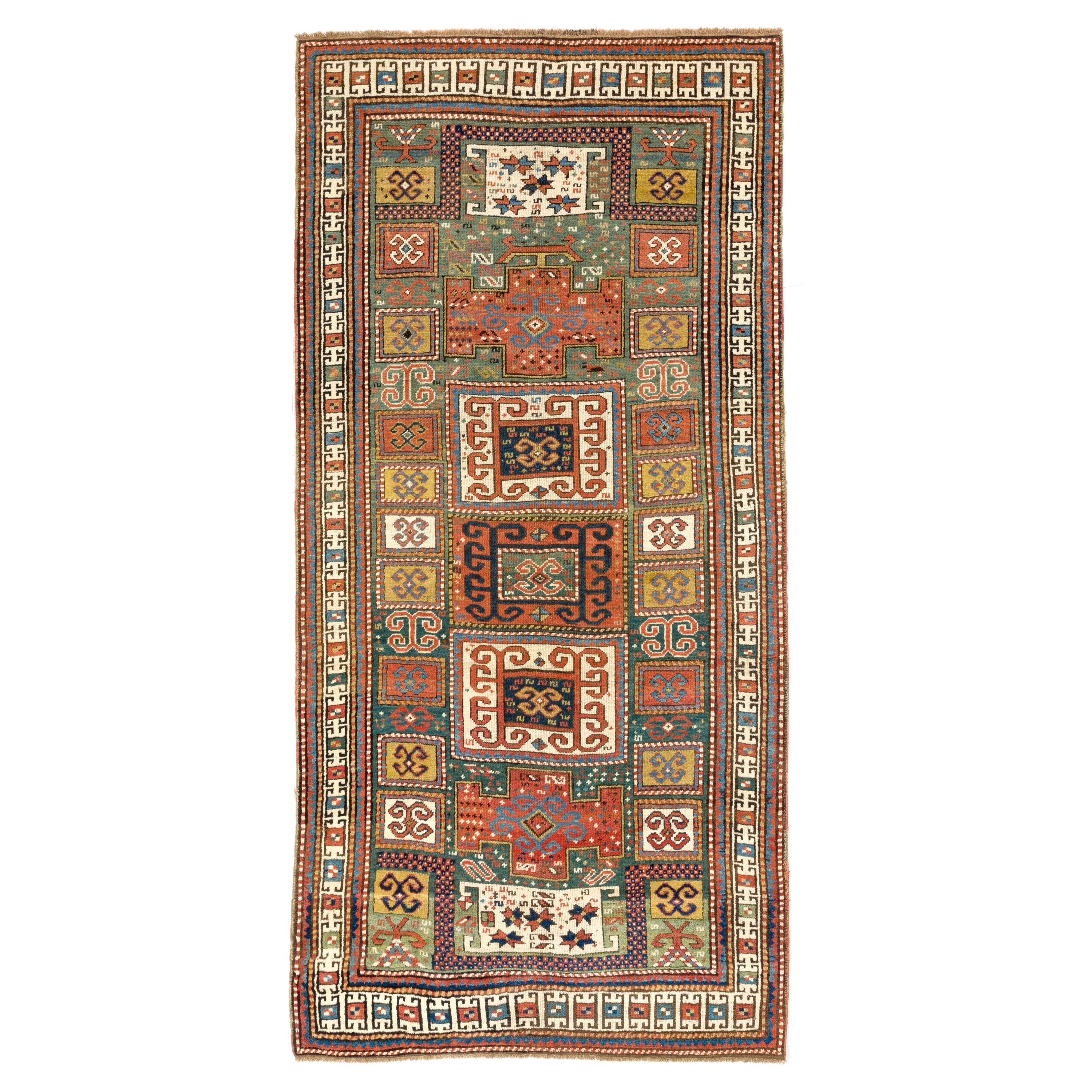 4.2x8.7 ft Antiker Grüner Grund Kaukasischer Karatchoph Kazak Teppich, um 1870