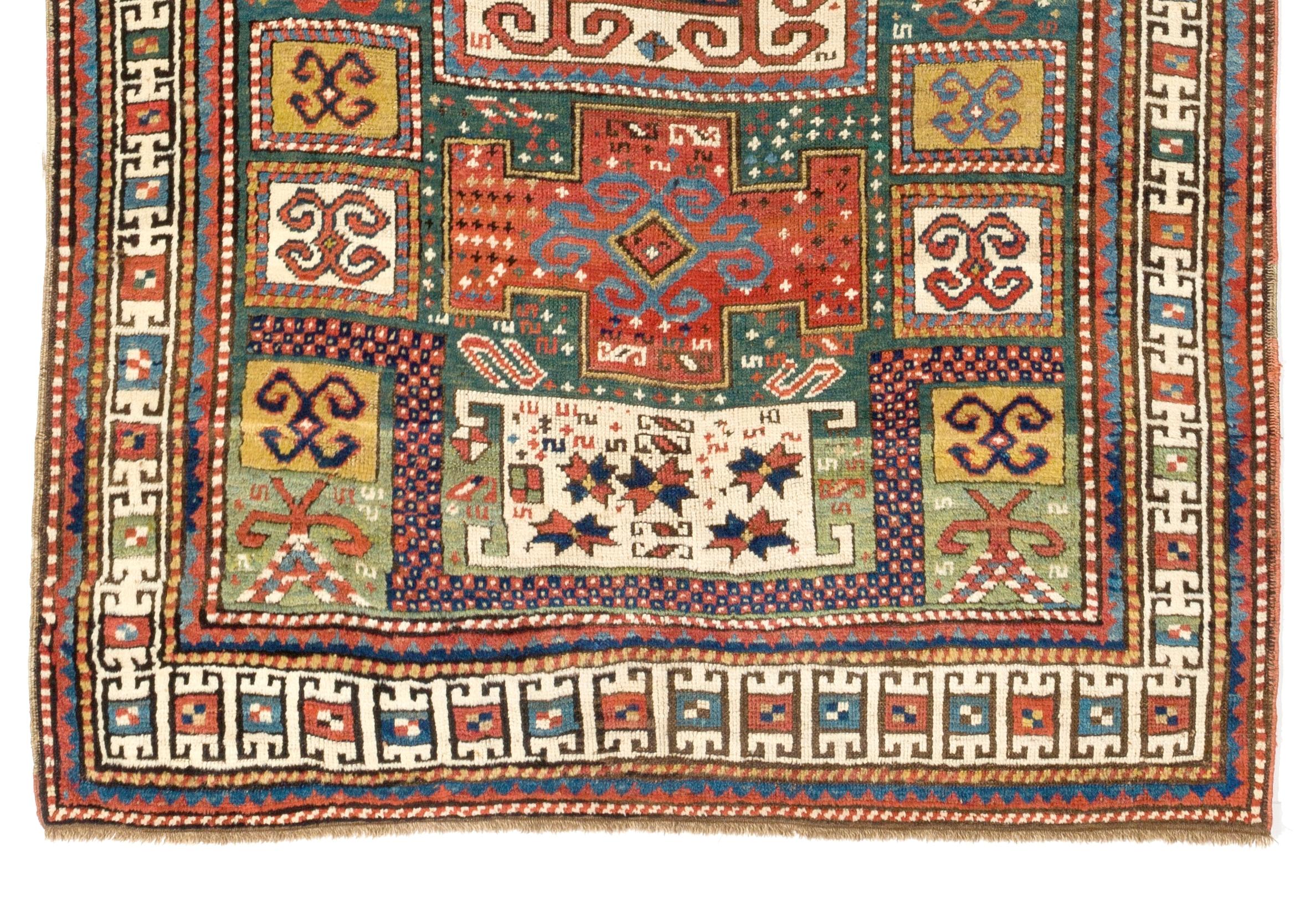 Rare Antique Green Ground Caucasian Karatchoph Kazak Rug, circa 1870 In Good Condition For Sale In Philadelphia, PA