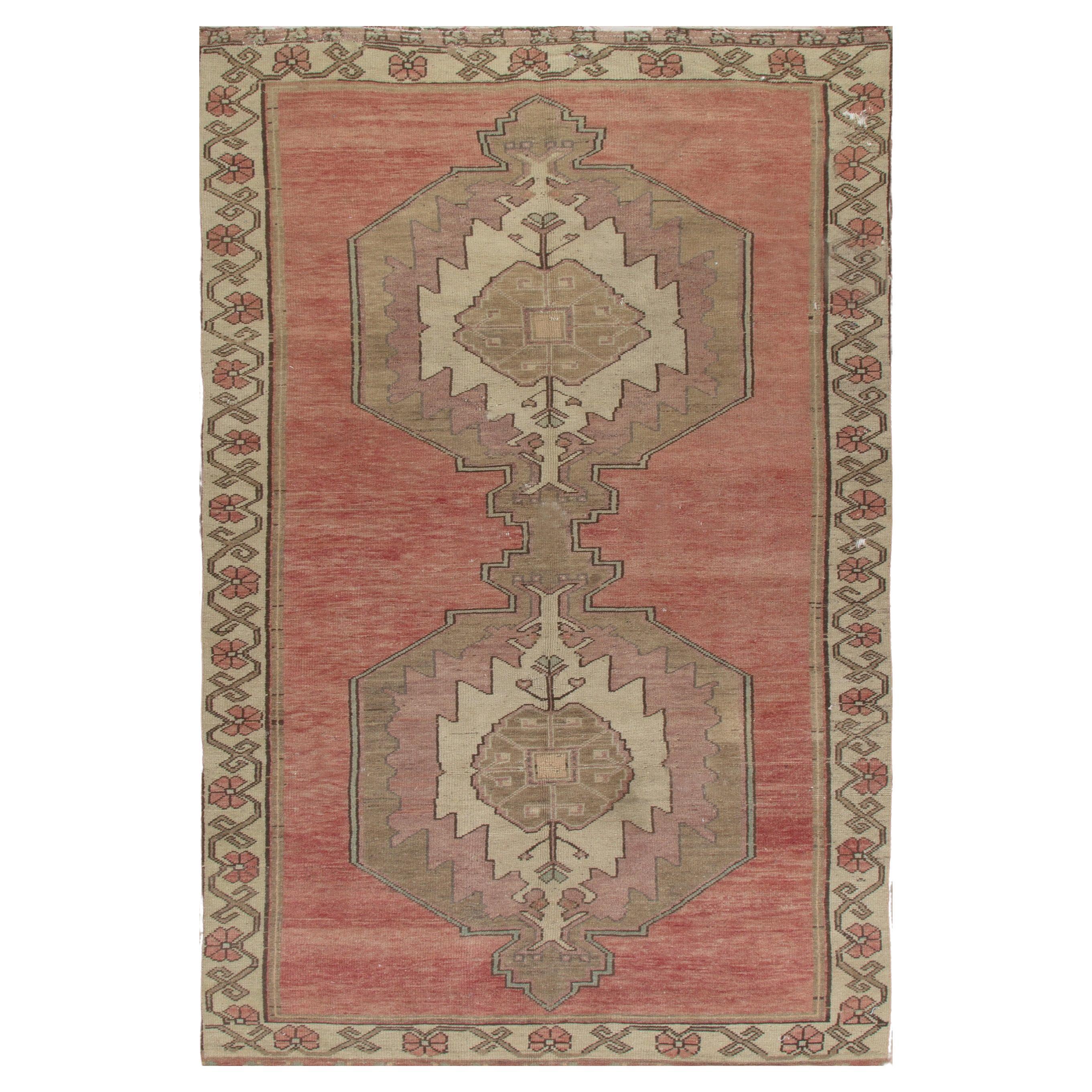 4.2x9 ft Vintage Handmade Turkish Wool Rug in Soft Red, Brown and Beige Colors