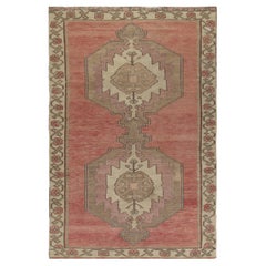 4.2x9 ft Vintage Handmade Turkish Wool Rug in Soft Red, Brown and Beige Colors