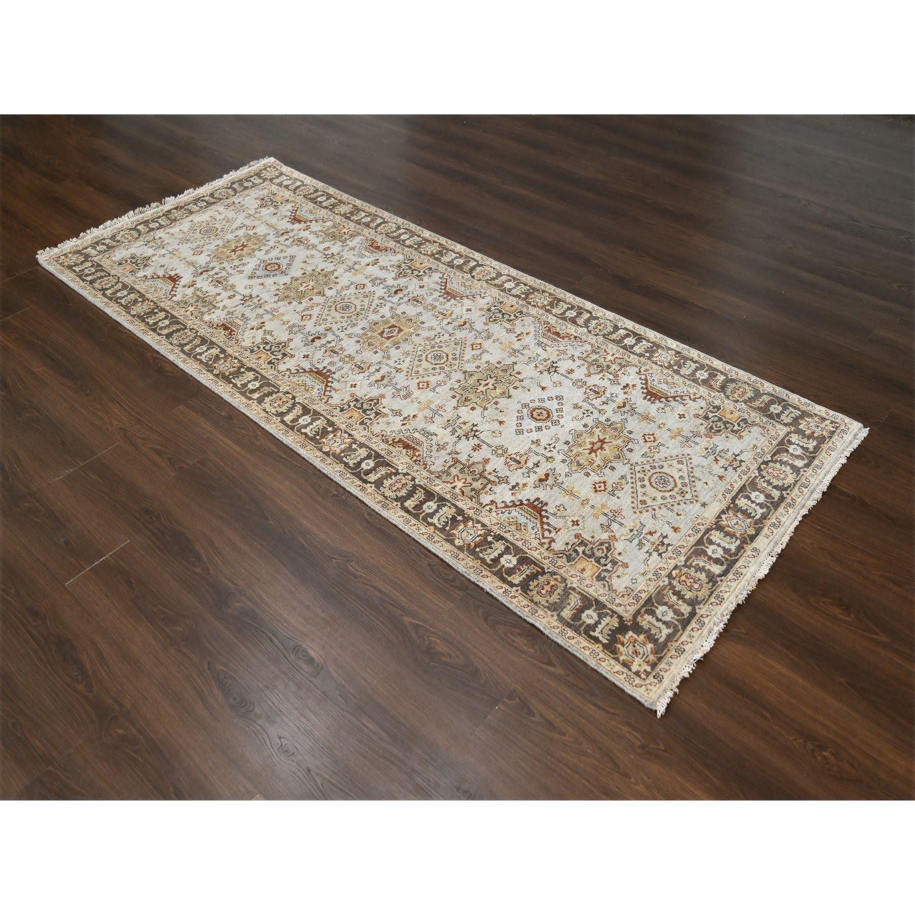 Goose Gray, Karajeh Design with Tribal Medallions, Pure Wool, Hand Knotted, Wide Runner Oriental Rug
Primary materials: Wool
Latex: No Pile 
height: 0.25 Inches
Style: Traditional
Primary color: Grey
Secondary colors: Rust Red, Alice Blue,