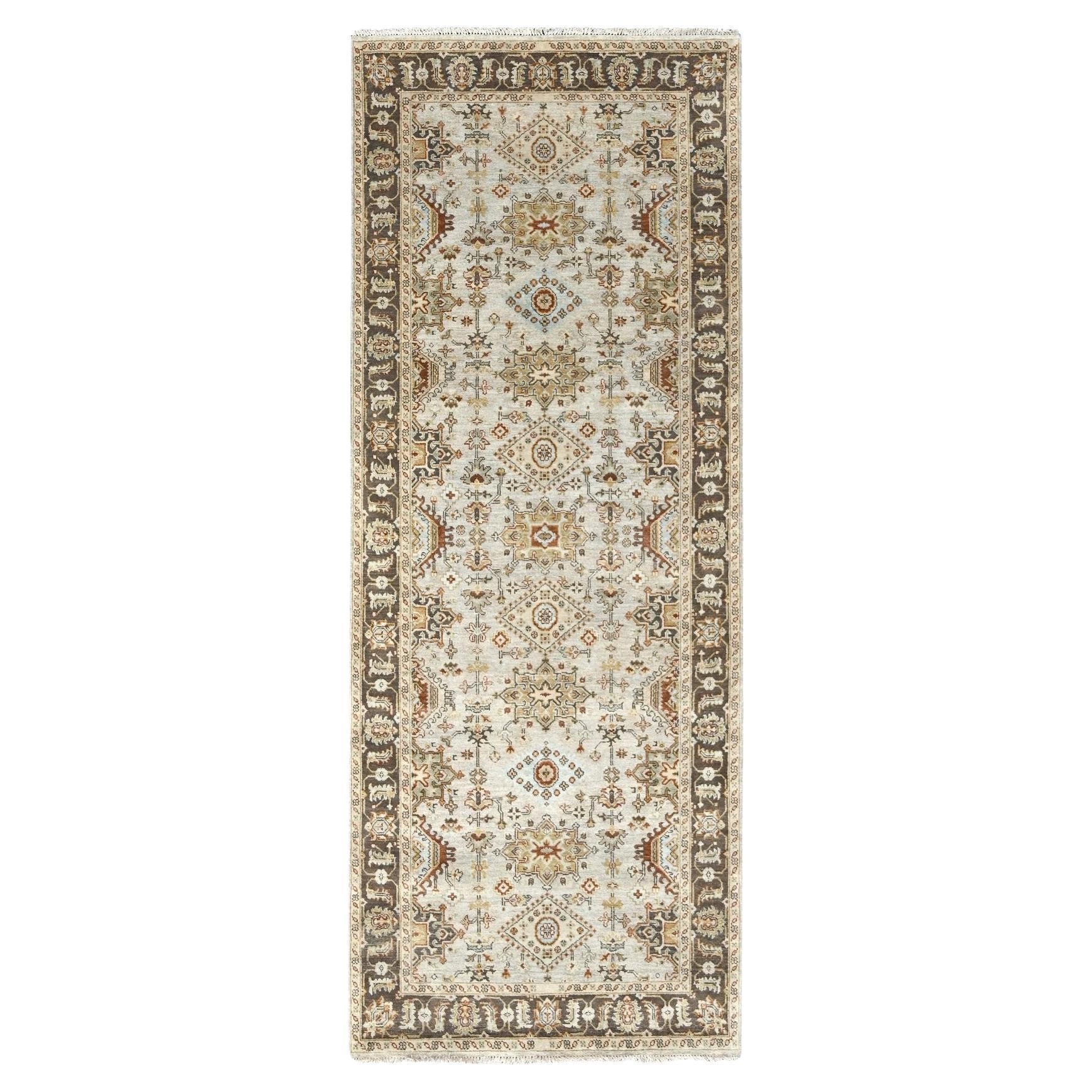 4'2"x9'10" Goose Gray Karajeh Design Pure Wool Hand Knotted Wide Runner Rug