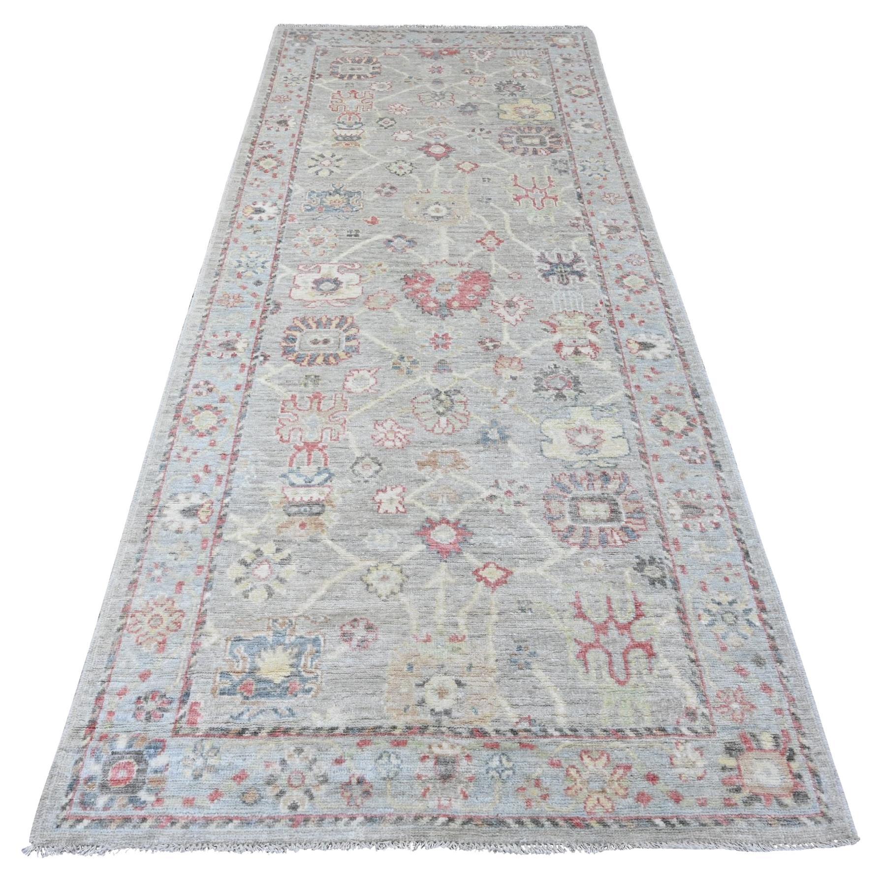 Tappeto Runner in lana annodato a mano 4'2 "x9'10" grigio Afghan Angora Oushak Vines Design