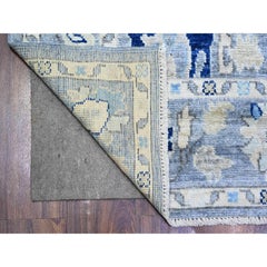 Tappeto blu afghano Angora Oushak con design a foglie annodato a mano in pura lana 4'2 "x9'5"