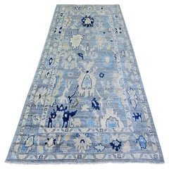 4'2"x9'5" Blauer afghanischer Angora Oushak mit Blattdesign, handgeknüpfter Teppich aus reiner Wolle
