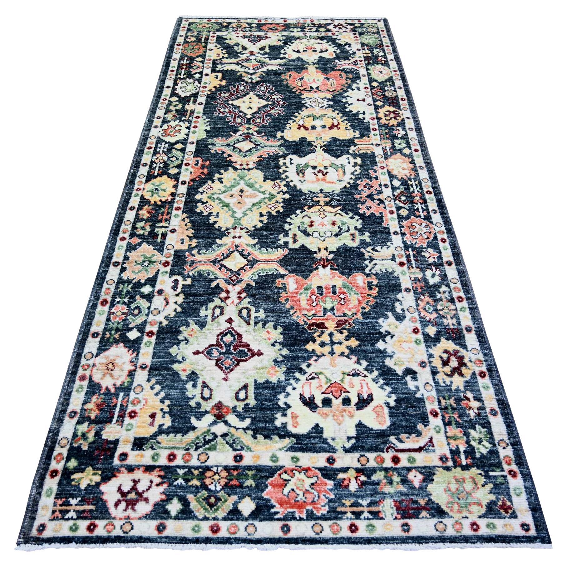 4'2"x9'6" Gunmetal Black Afghan Angora Oushak Wool Hand Knotted Rug