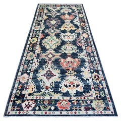 4'2"x9'6" Gunmetal Black Afghan Angora Oushak Wool Hand Knotted Rug