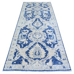 4'2 "x9'7" Astros Azul Marino Finer Peshawar Karajeh Hand Knotted Wide Runner Rug