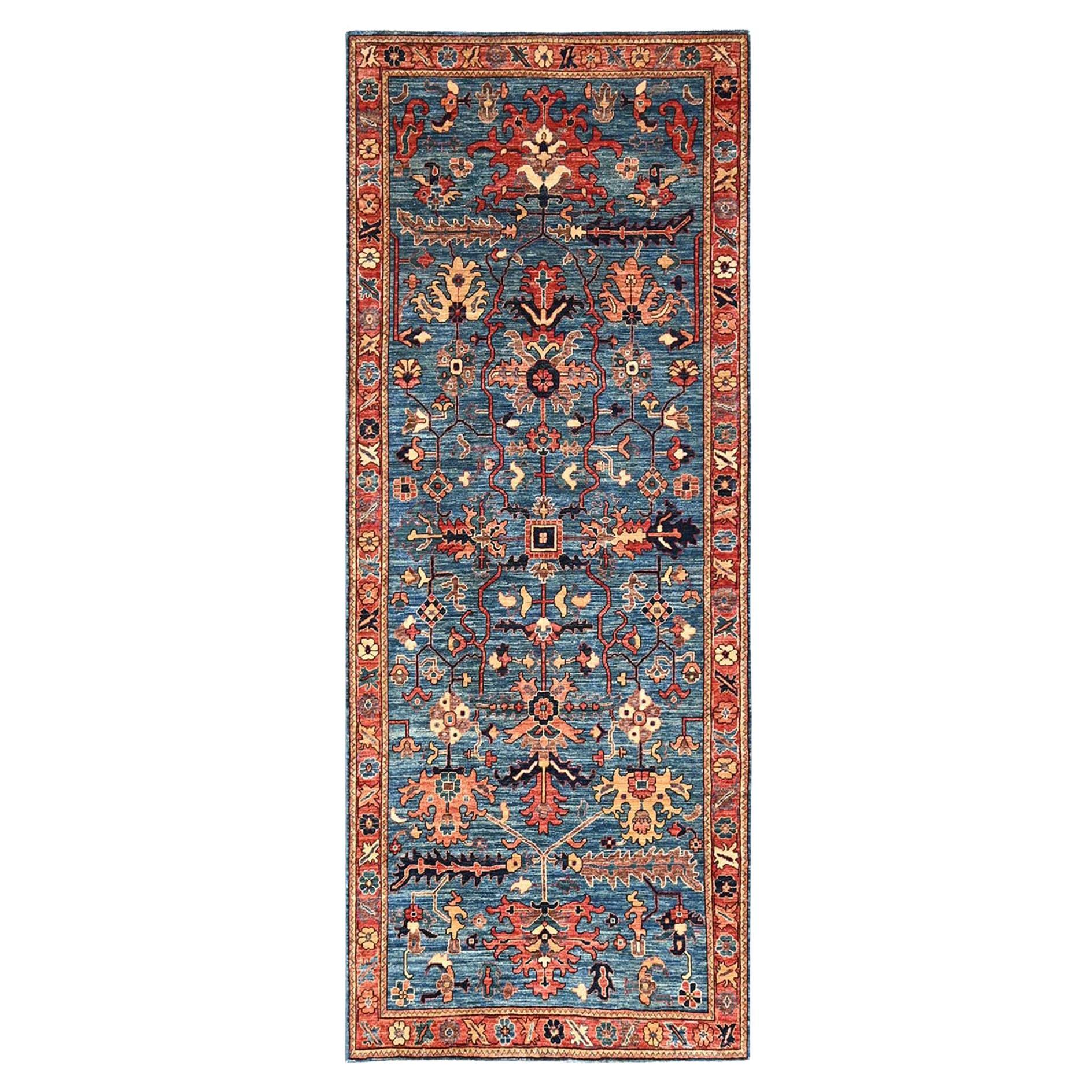 4
2"x9
7" Blue Heriz All Over Design Hand Knotted Pure Wool Runner Oriental Rug