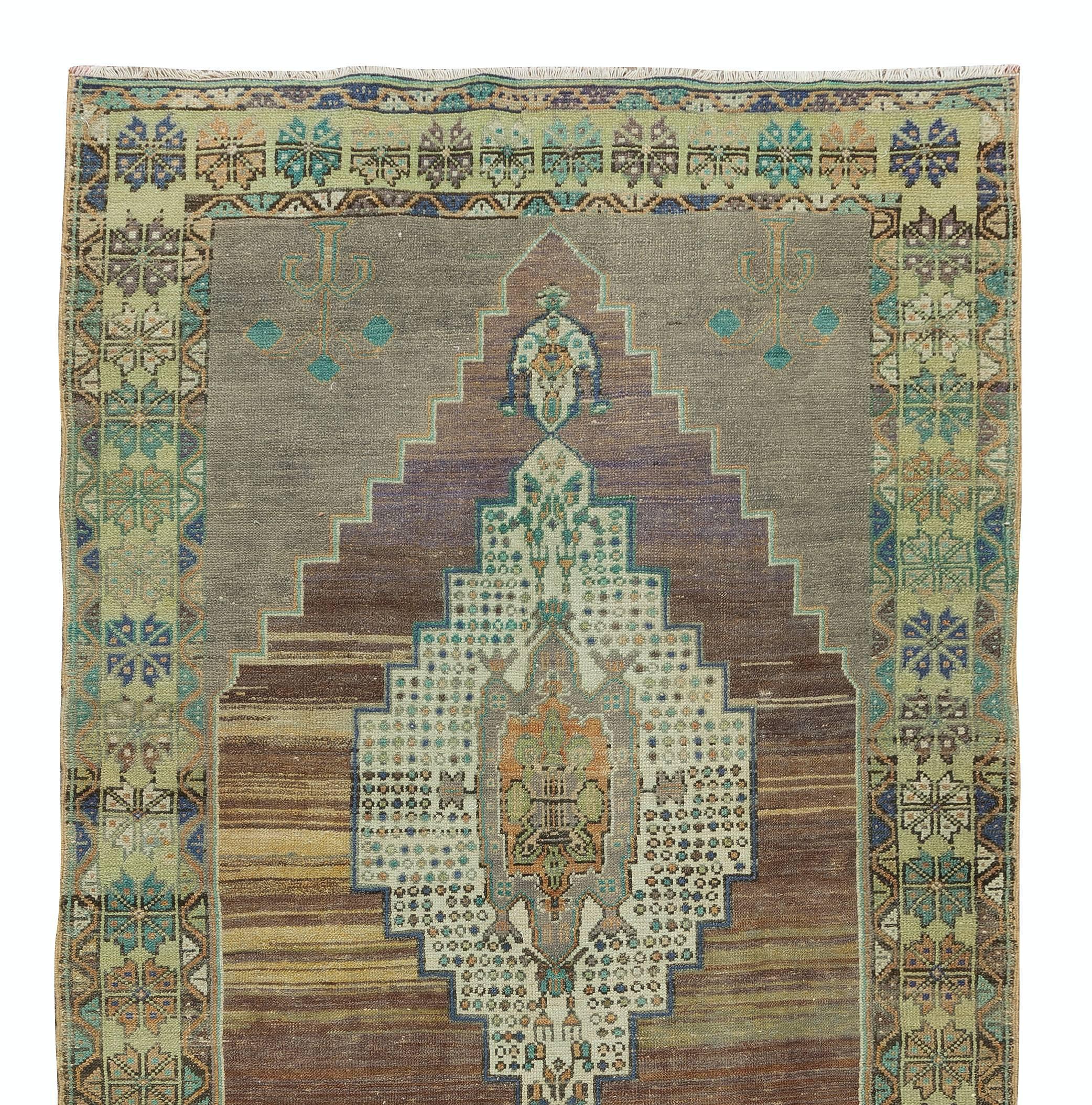 Turkish 4.2x9.7 Ft One-of-a-kind Vintage Handmade Rug with Two Geometric Medallions For Sale