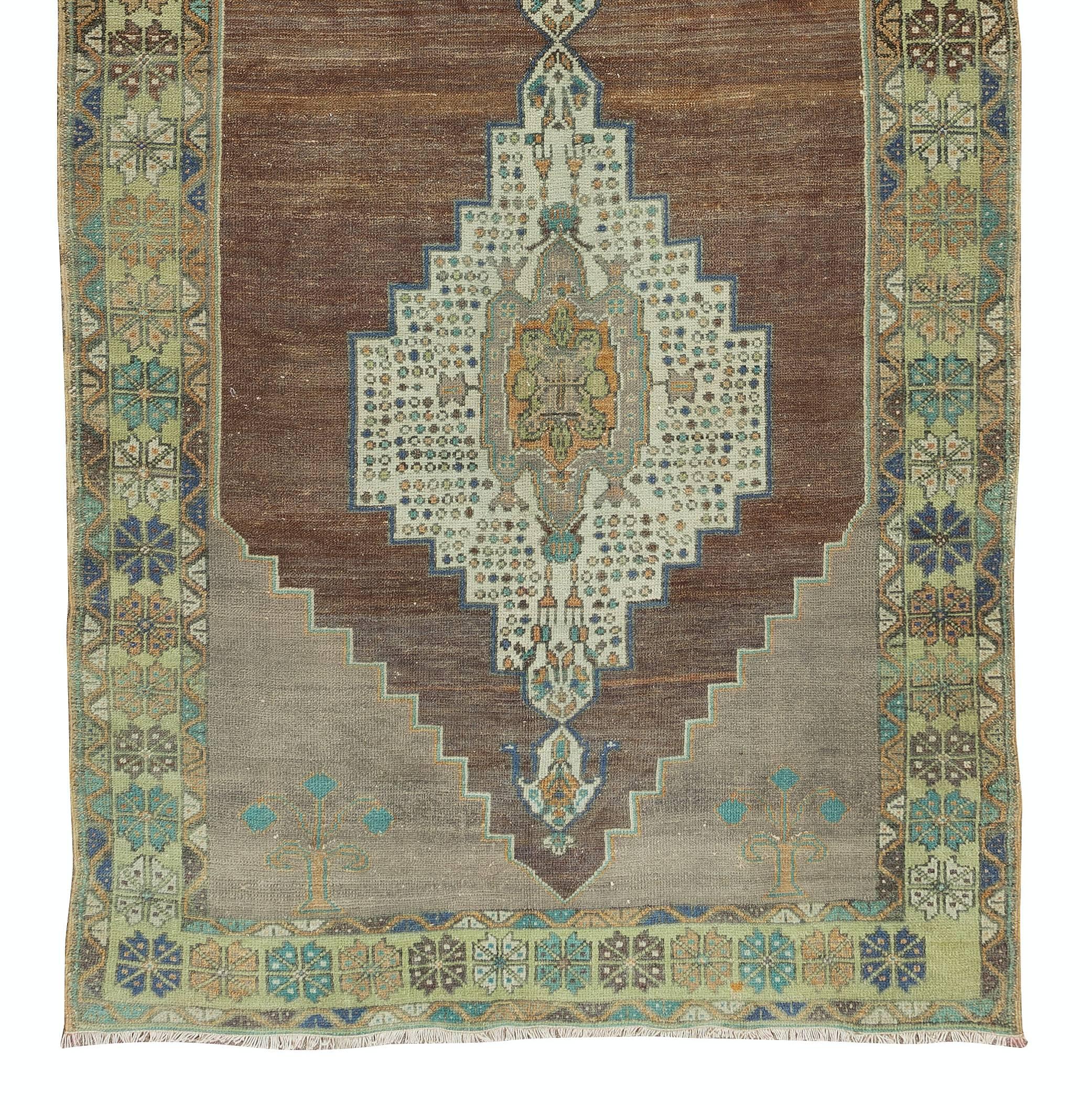 Hand-Knotted 4.2x9.7 Ft One-of-a-kind Vintage Handmade Rug with Two Geometric Medallions For Sale