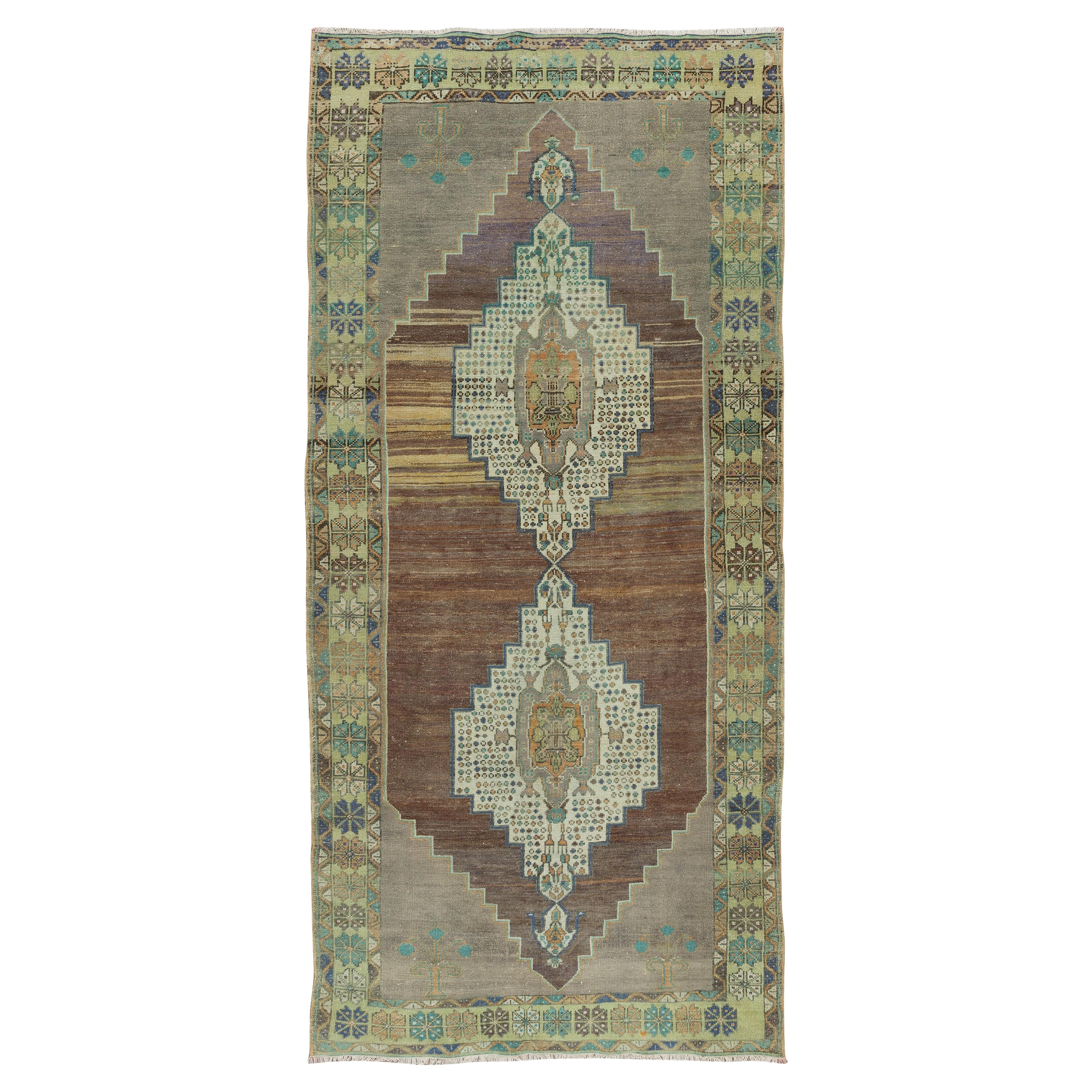 4.2x9.7 Ft Einzigartiger handgefertigter Vintage-Teppich mit zwei geometrischen Medaillons im Angebot