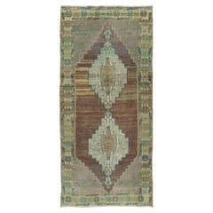 4.2x9.7 Ft Einzigartiger handgefertigter Vintage-Teppich mit zwei geometrischen Medaillons