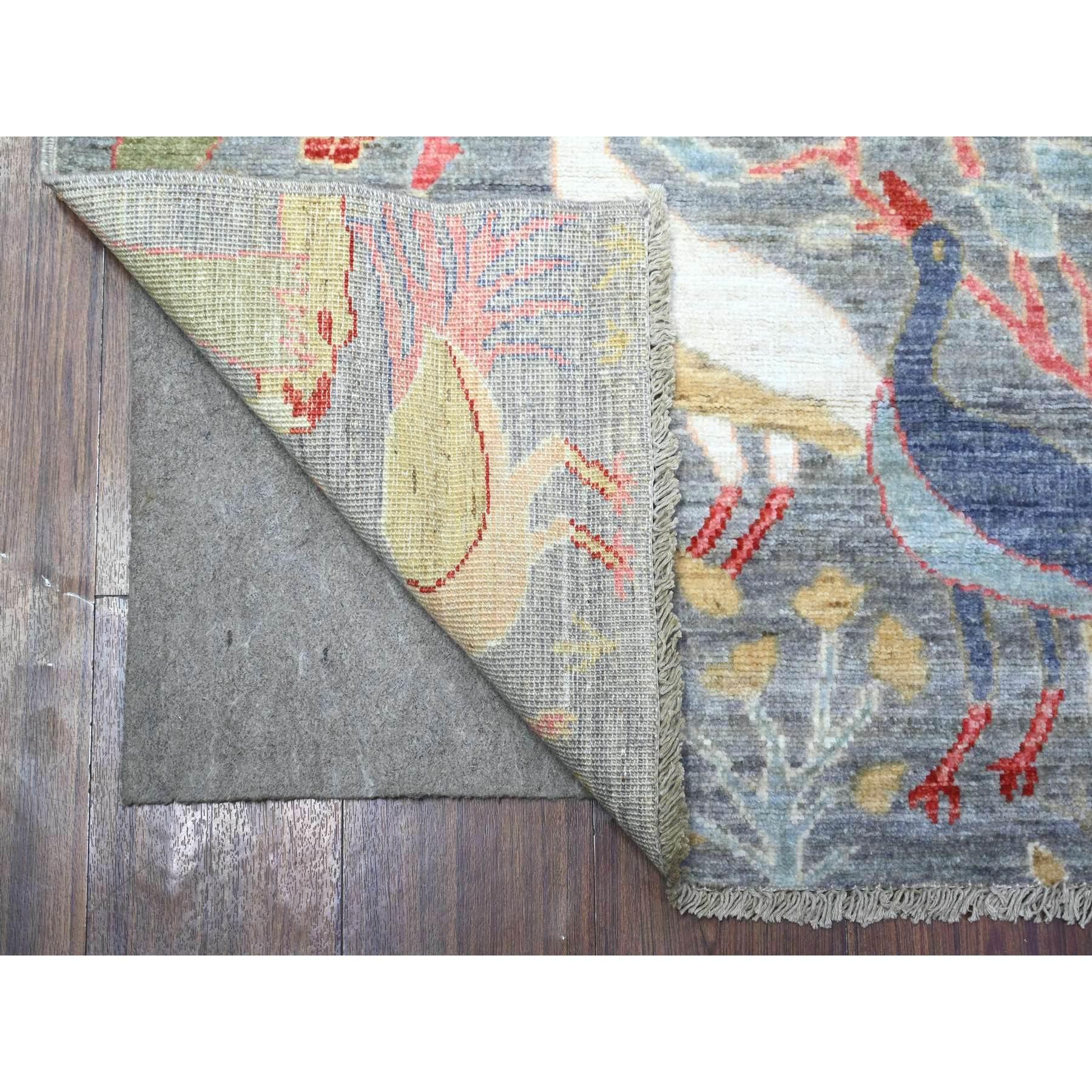 Ice Gray, Afghan Peshawar with Birds of Paradise, Natural Dyes Extra Soft Wool, Hand Knotted, Runner Oriental Rug
Primary materials: Wool
Latex: No Pile 
height: 0.25 Inches
Style: Transitional
Primary color: Grey
Secondary colors: Ivory, Light