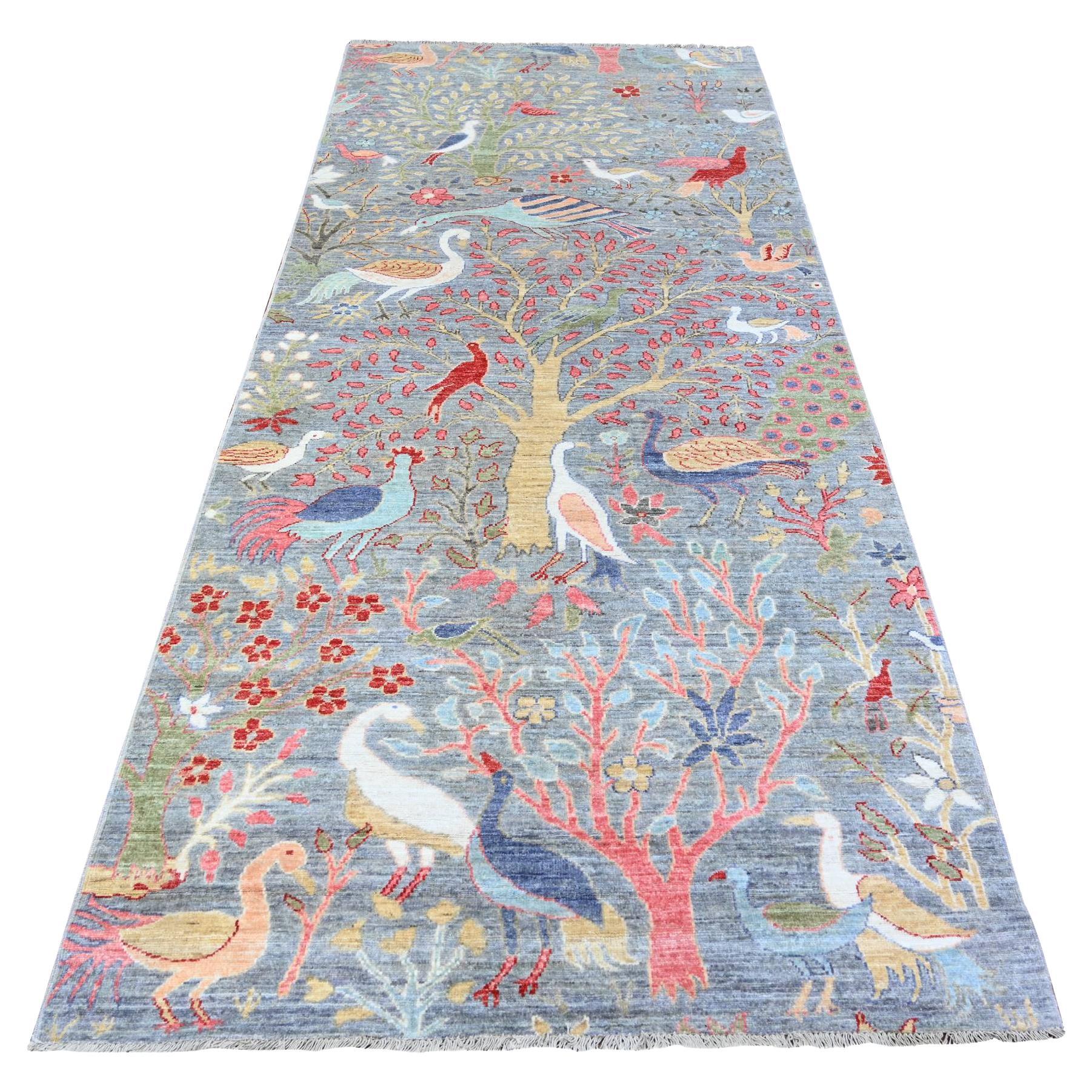 4'2"x9'8" Ice Gray, Afghan Peshawar with Birds of Paradise, Natural Dyes Rug For Sale