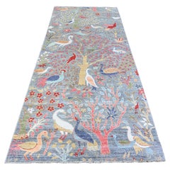 4'2"x9'8" Ice Gray, Afghan Peshawar with Birds of Paradise, Natural Dyes Rug