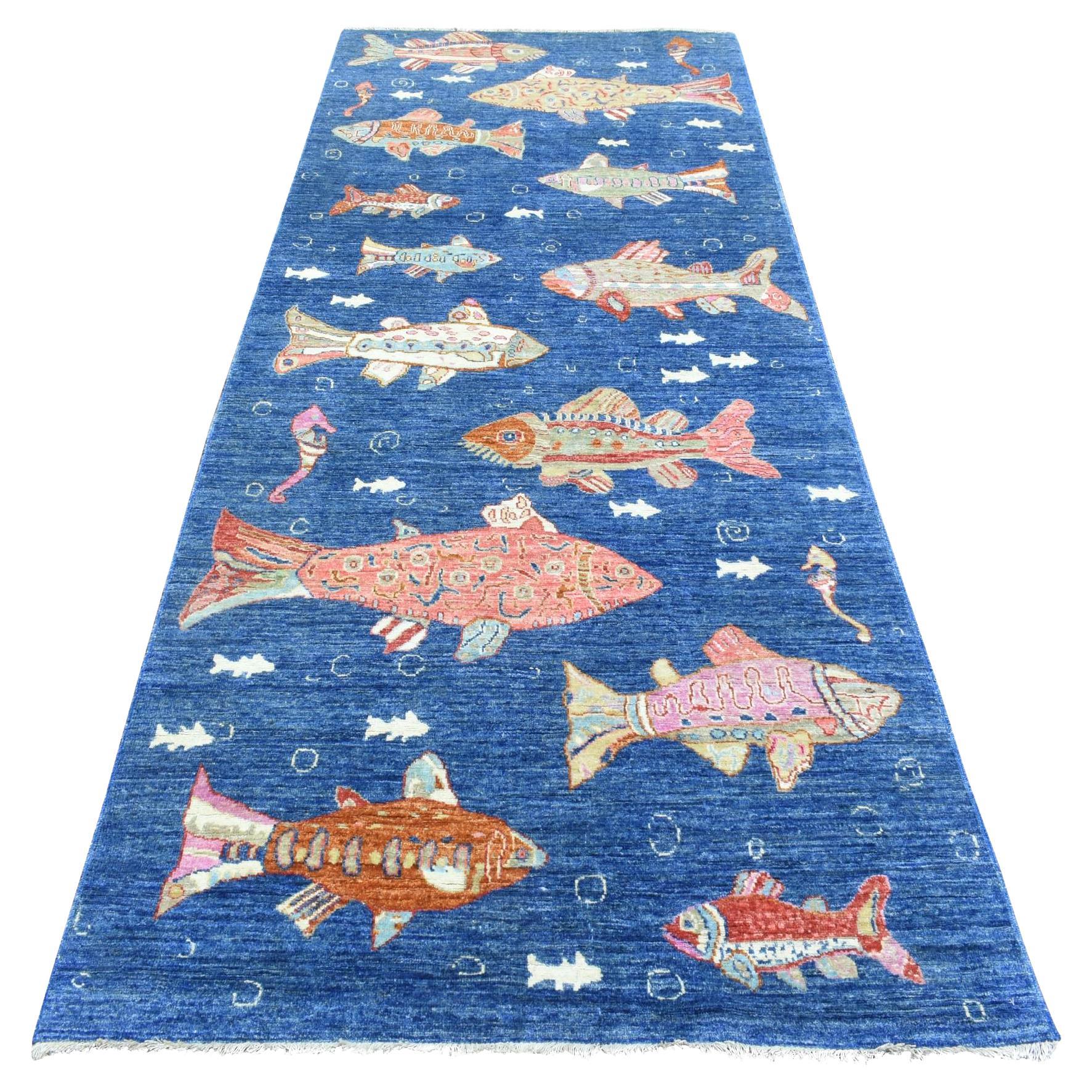 4'2 "x9'9" Bleu saphir, tapis de course large en laine douce afghane Peshawar nouée à la main en vente