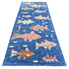 4'2 "x9'9" Sapphire Blue, Tappeto Afghano Peshawar annodato a mano in morbida lana, ampio Runner Rugs