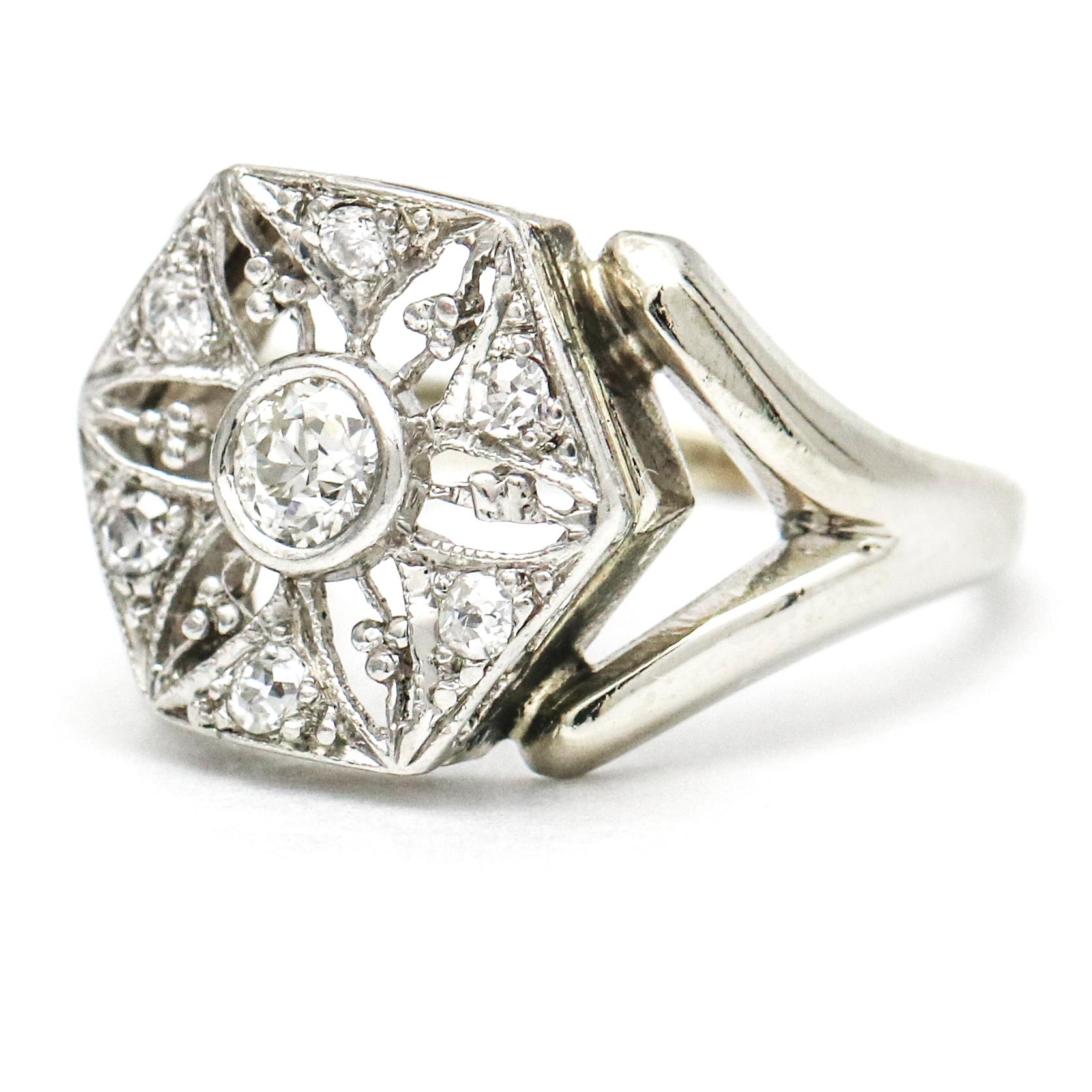 Women's .43 Carat 14 Karat White Gold Platinum Diamond Edwardian Ring For Sale