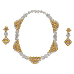 40 Carat 3 Tone Gold & Diamond Pave Necklace and Earring Set