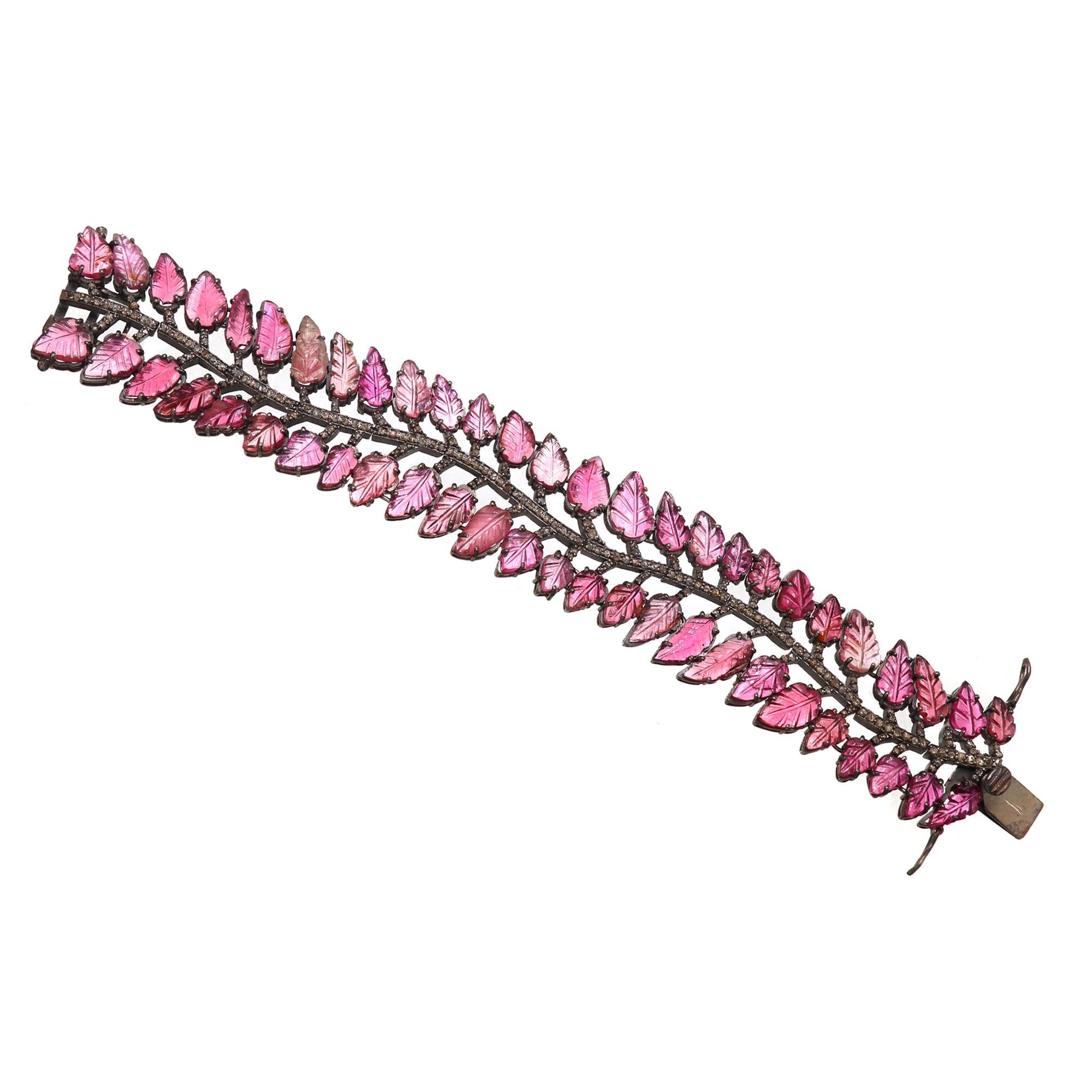 Rose Cut 43 carat Carved tourmaline rosecut diamond bracelet For Sale