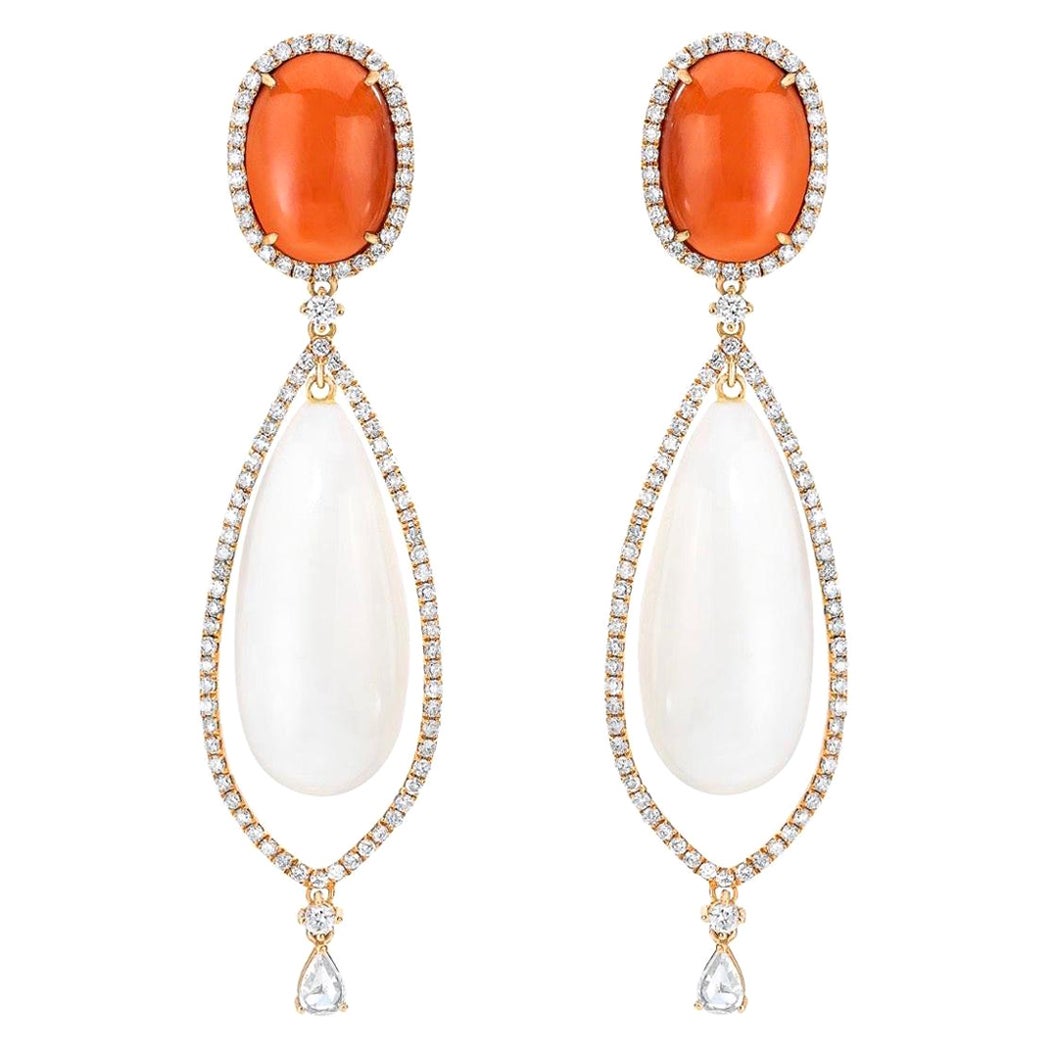 43 Carat Coral Diamond Rose Gold Chandelier Dangle Earrings For Sale