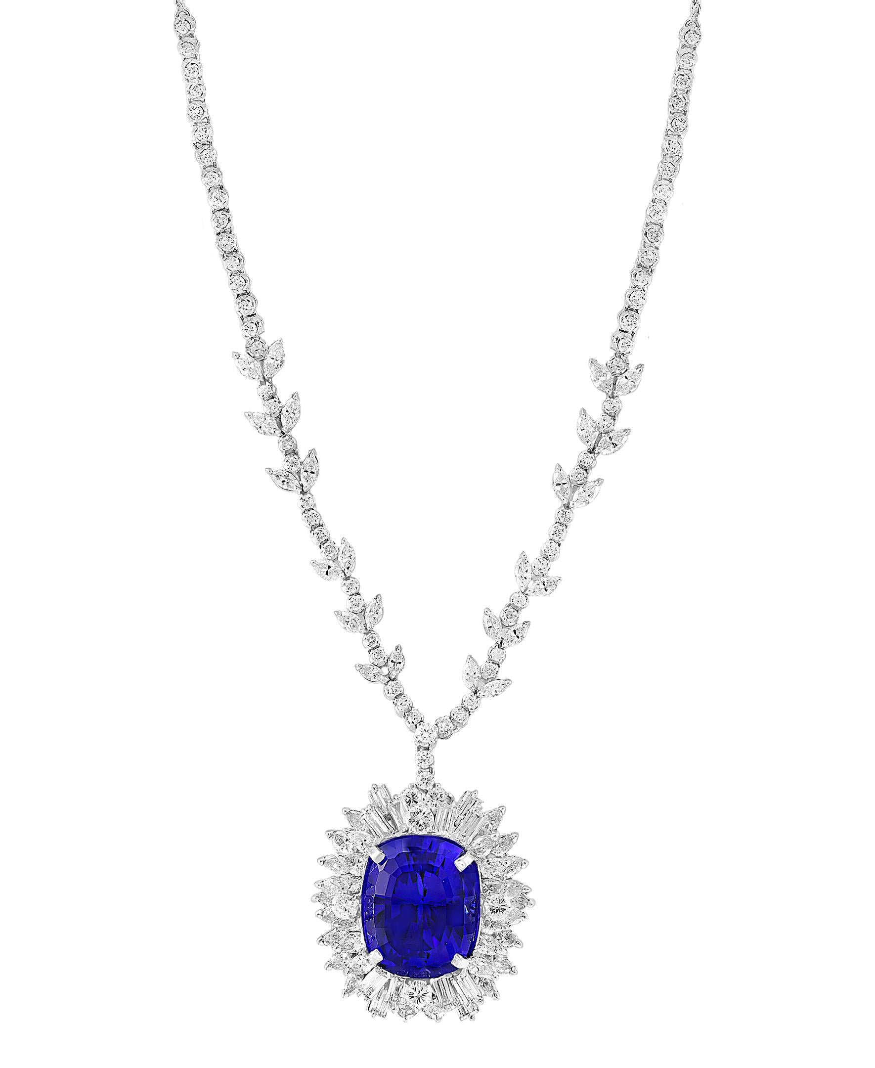 This extraordinary, 43 carat tanzanite is truly an extraordinary gemstone. There are  total  of 18 carats of shimmering white diamonds, this brilliant cushion-cut gem exhibits the rich violetish-blue color for which these stones are known and so