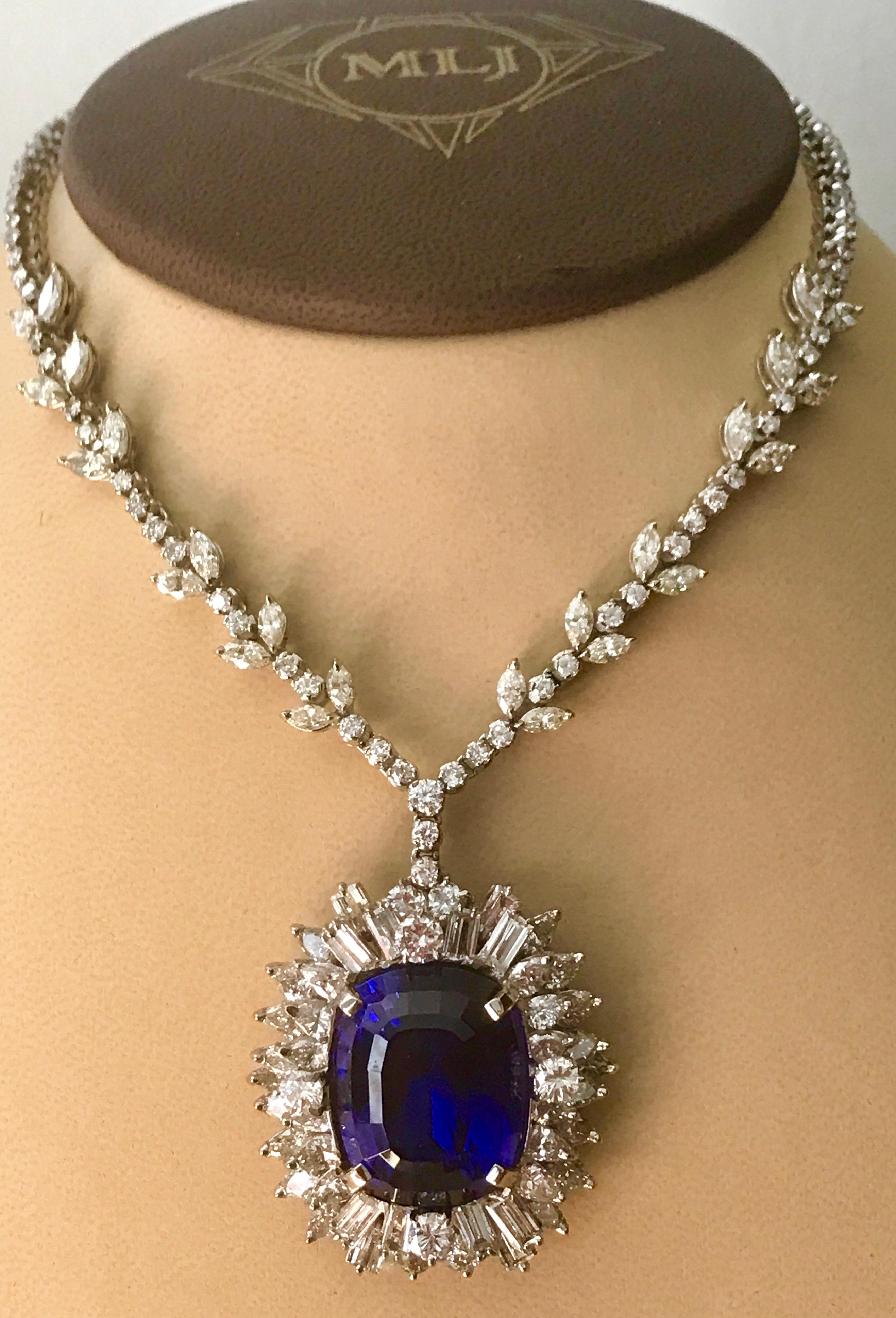 Cushion Cut 43 Carat Cushion-Cut Tanzanite Pendant Necklace with 18 Carat Diamonds, Estate For Sale