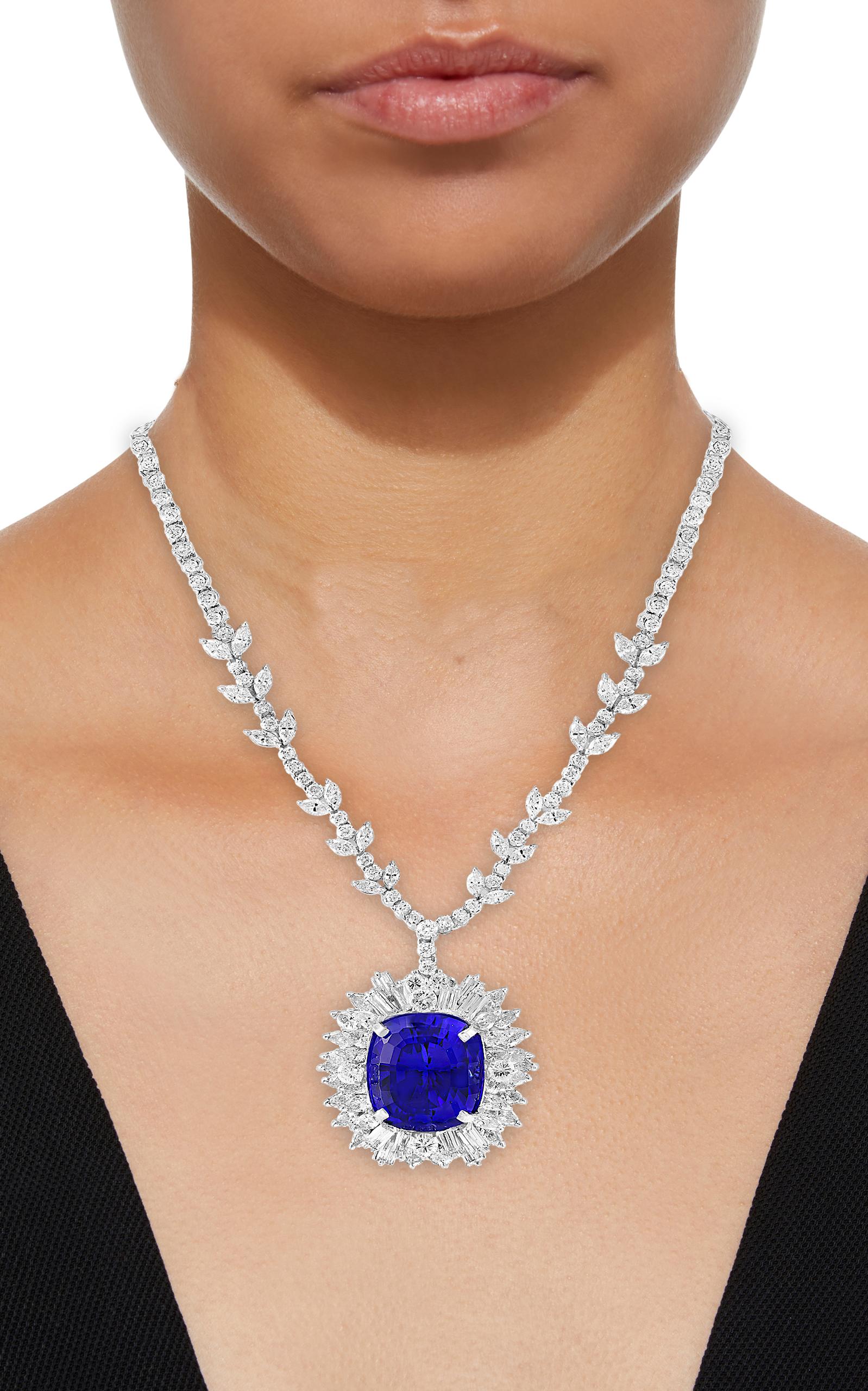 Women's 43 Carat Cushion-Cut Tanzanite Pendant Necklace with 18 Carat Diamonds, Estate For Sale
