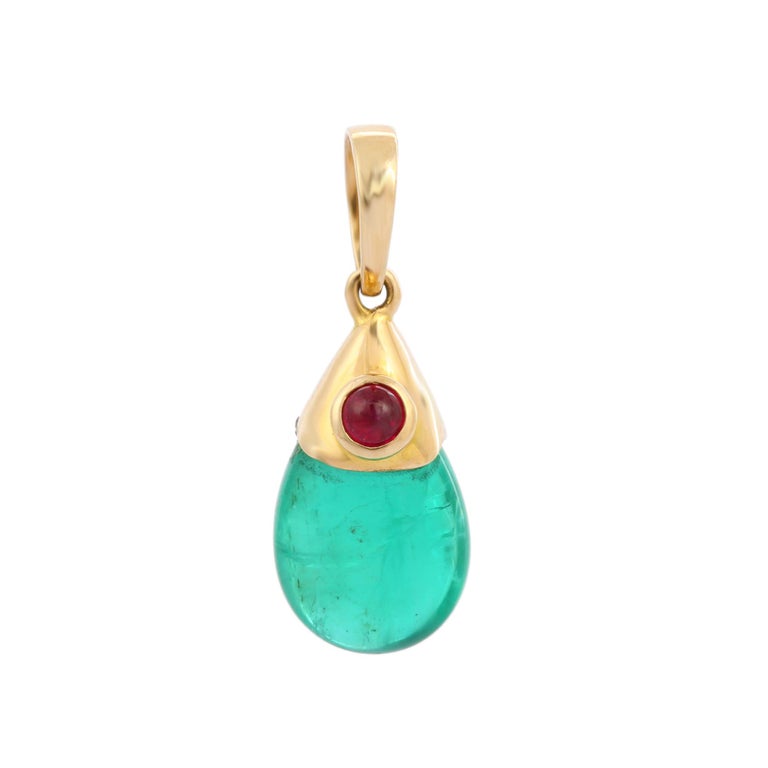 Contemporary 4.3 Carat Drop Shape Emerald Pendant with Ruby in 14K Yellow Gold For Sale