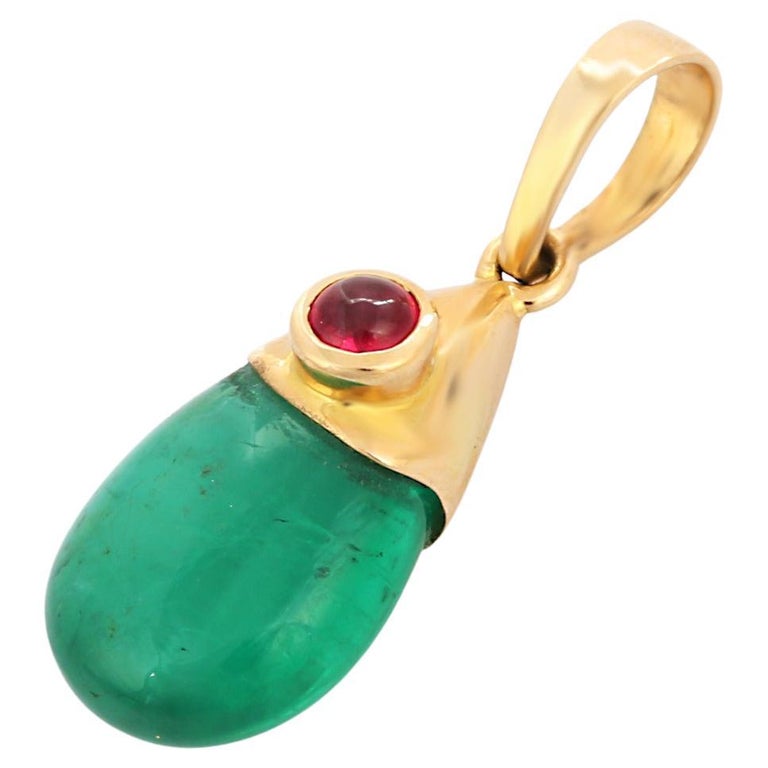 4.3 Carat Drop Shape Emerald Pendant with Ruby in 14K Yellow Gold For ...
