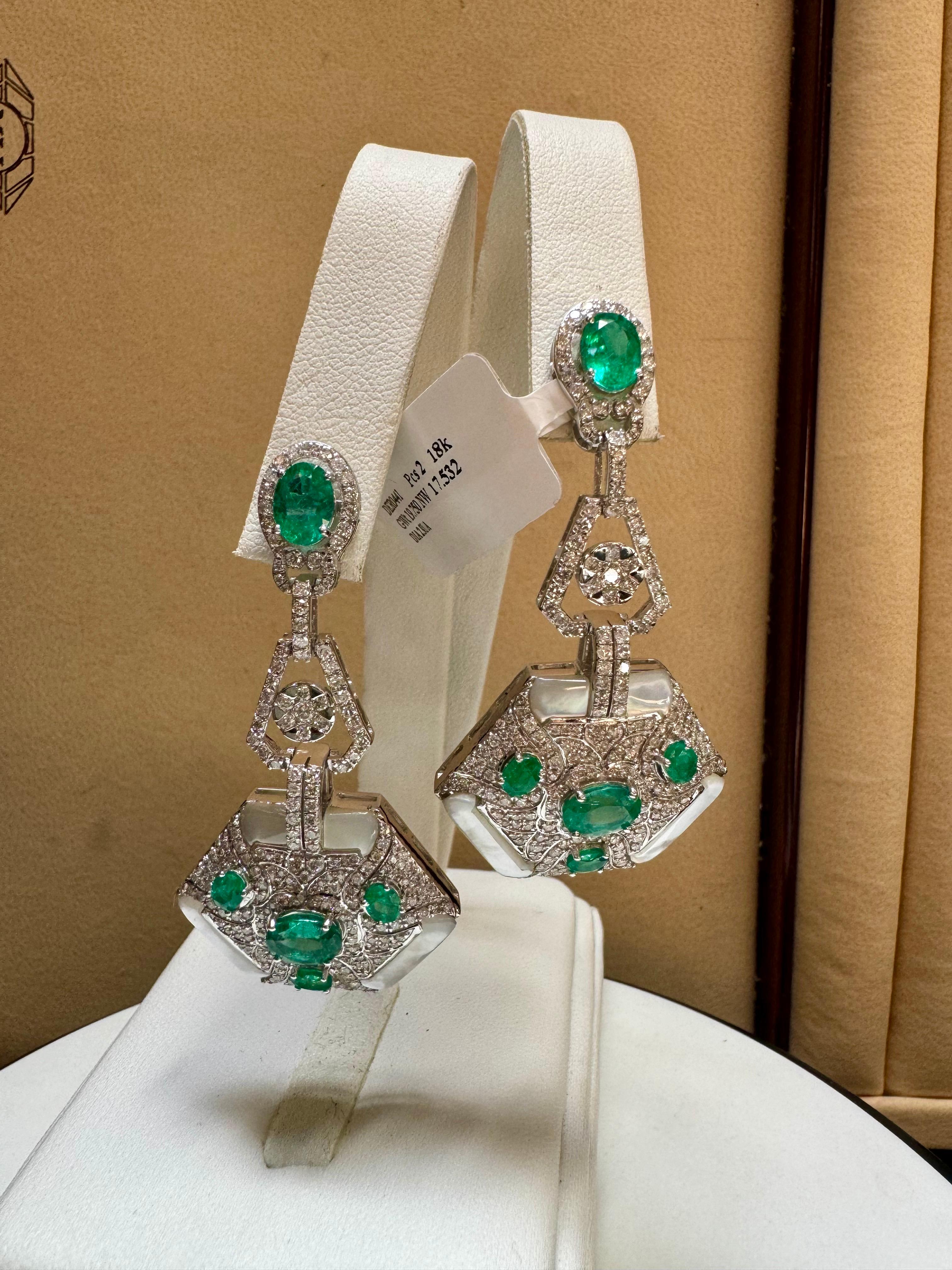 4.3 Carat Emerald & 2.91 Ct Diamond With MOP Hanging Earrings 18 Kt White Gold For Sale 5