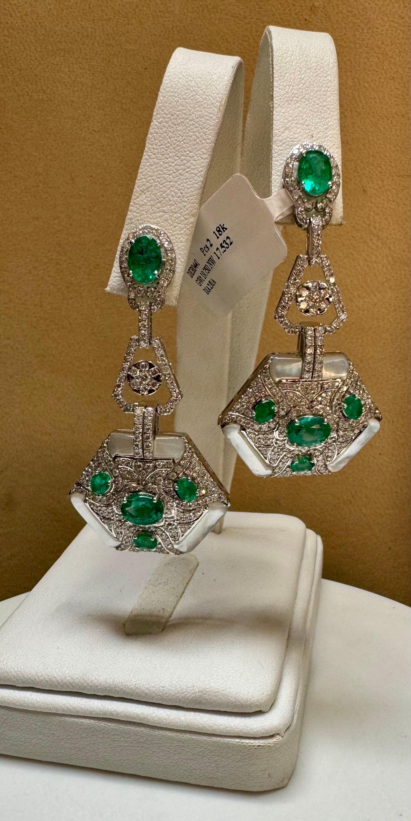 4.3 Carat Emerald & 2.91 Ct Diamond With MOP Hanging Earrings 18 Kt White Gold For Sale 6