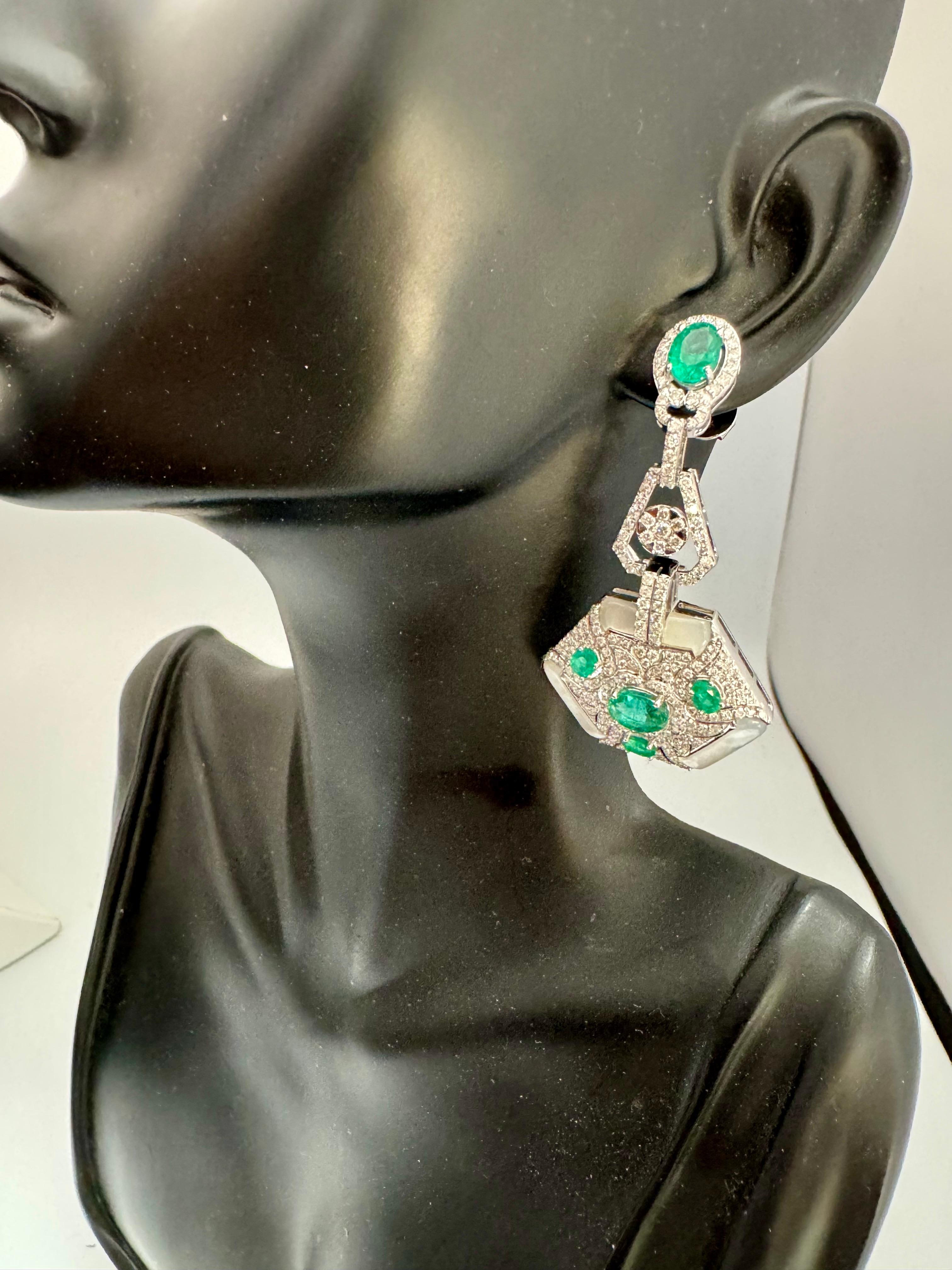 4.3 Carat Emerald & 2.91 Ct Diamond With MOP Hanging Earrings 18 Kt White Gold For Sale 7