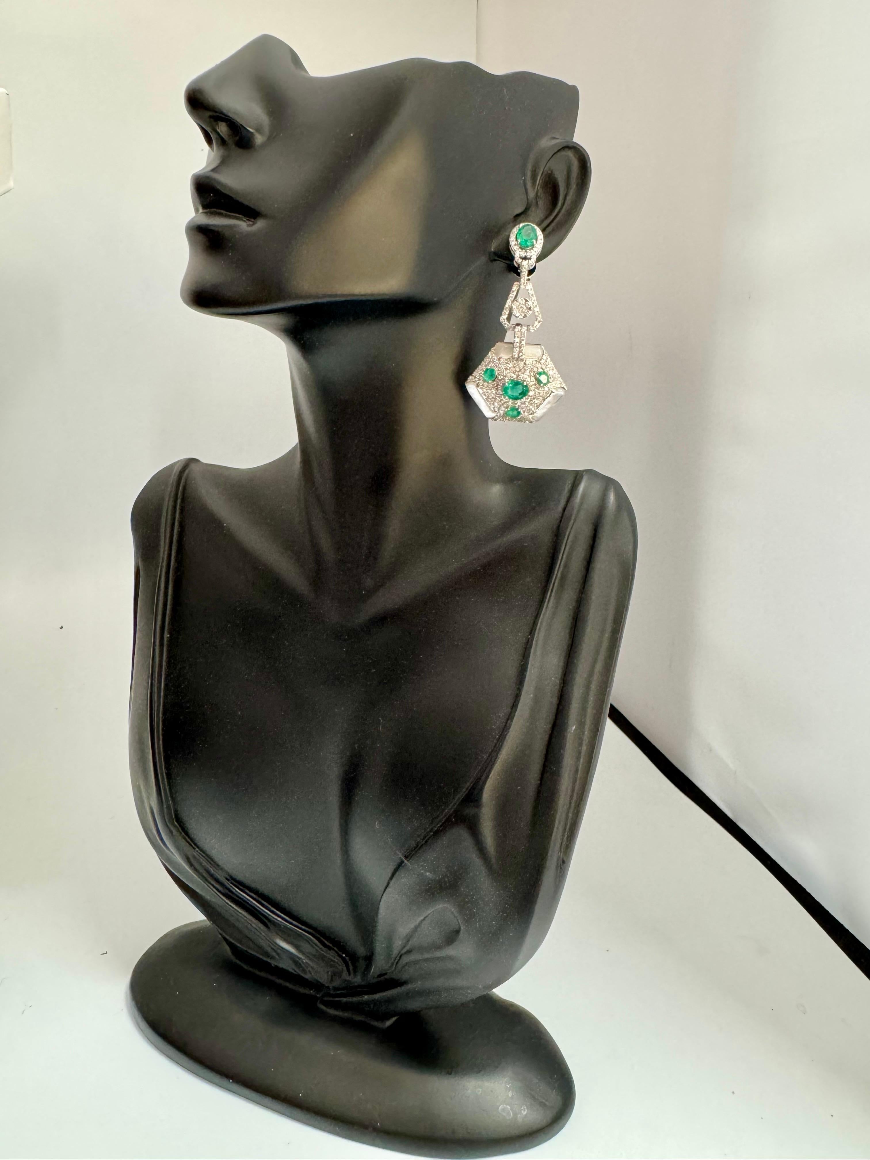 4.3 Carat Emerald & 2.91 Ct Diamond With MOP Hanging Earrings 18 Kt White Gold For Sale 8