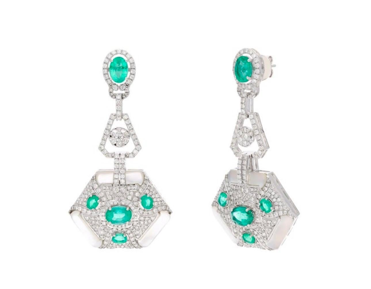 4.3 Carat Emerald & 2.91 Ct Diamond With MOP Hanging Earrings 18 Kt White Gold For Sale 10